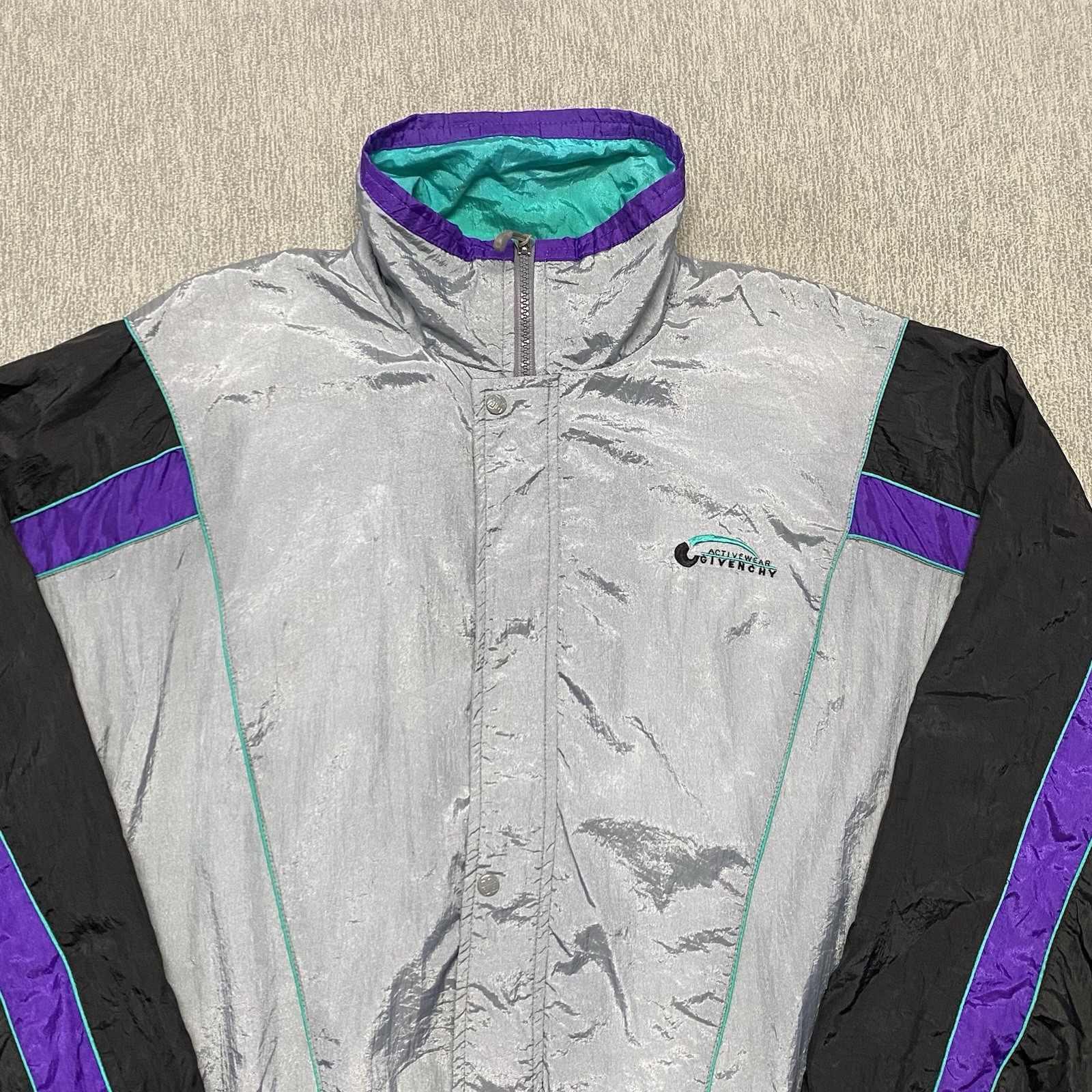 Vintage Givenchy Jacket Medium Gray Full Zip Track Windbreaker Activewear *FLAWS