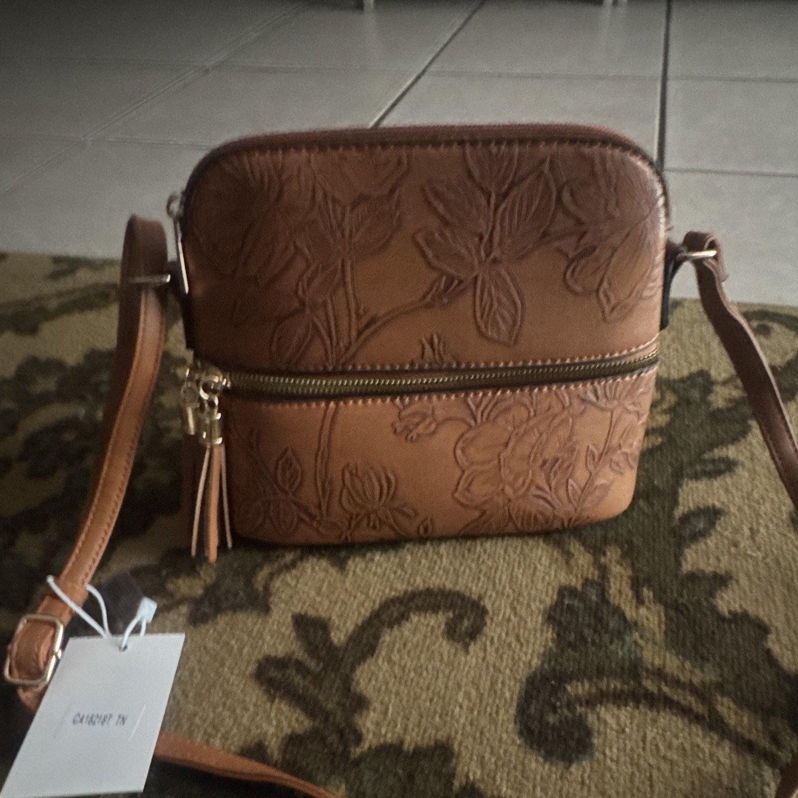 Women’s Brown Embossed Floral Crossbody Bag Adjustable Strap Zip Gold Hardware