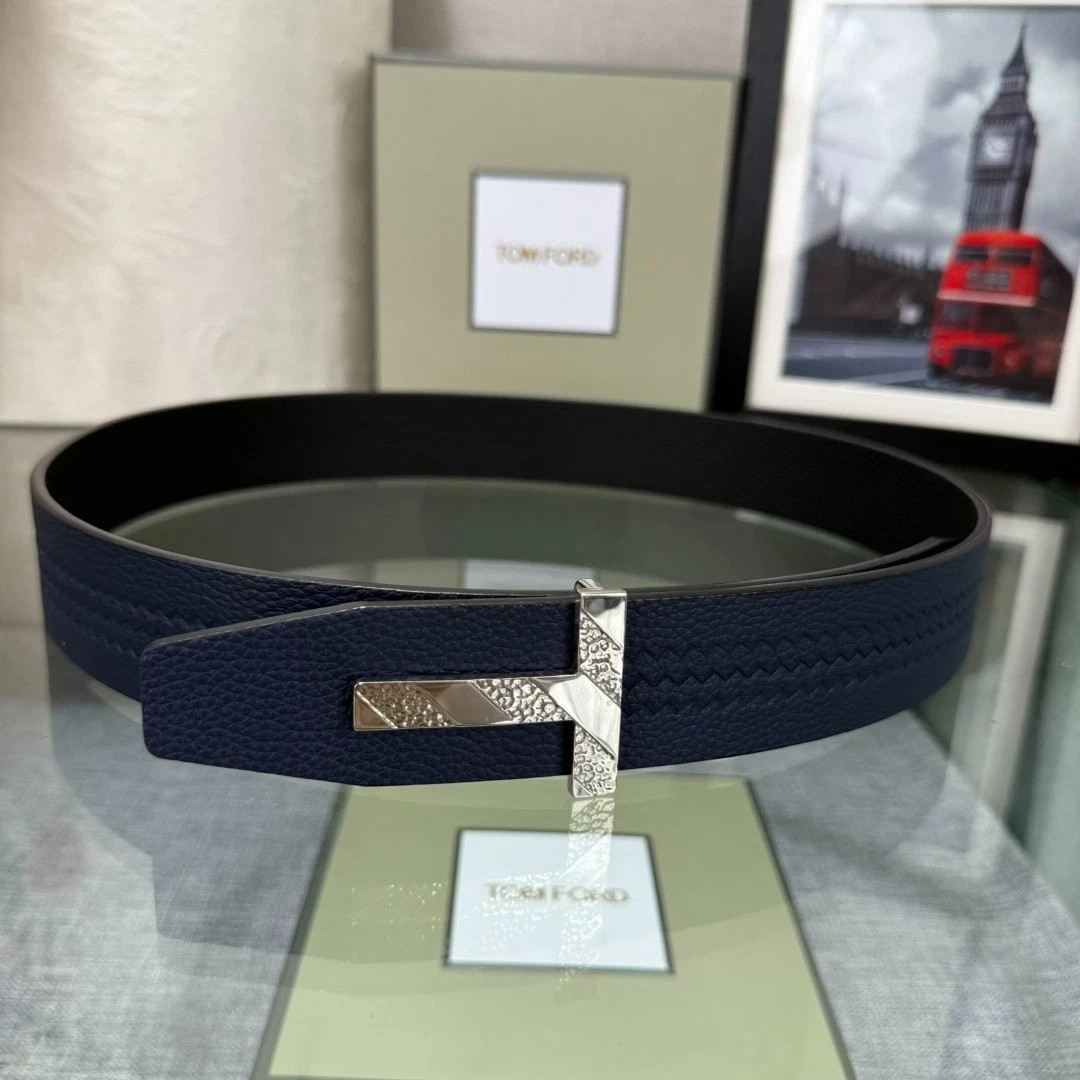 TOM FORD Navy Pebbled Leather Belt Silver T Buckle 38mm Men’s w/ Box