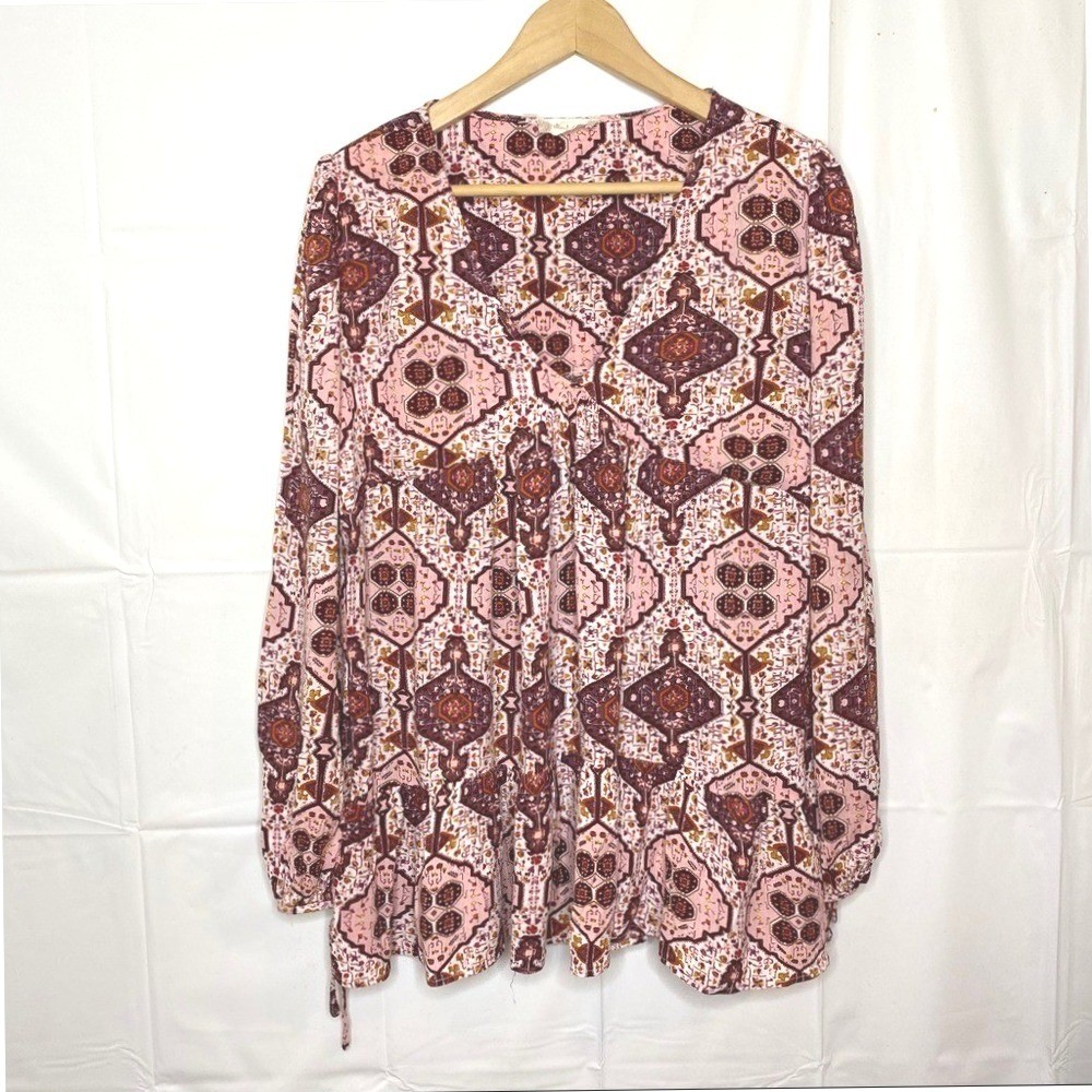 Altar’d State Boho Peplum Babydoll Top Blouse Medium Coquette Burgundy Pink