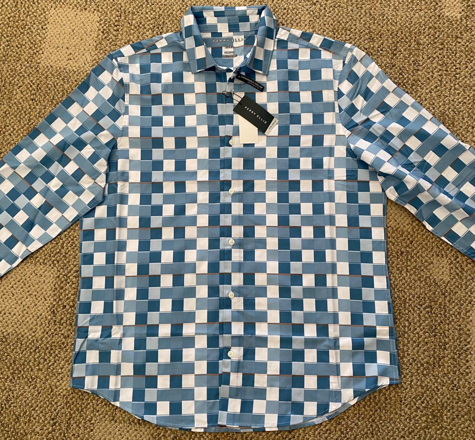 Perry Ellis Button Down Shirt Long Sleeve 41SW9027 Blue Checks Size XL