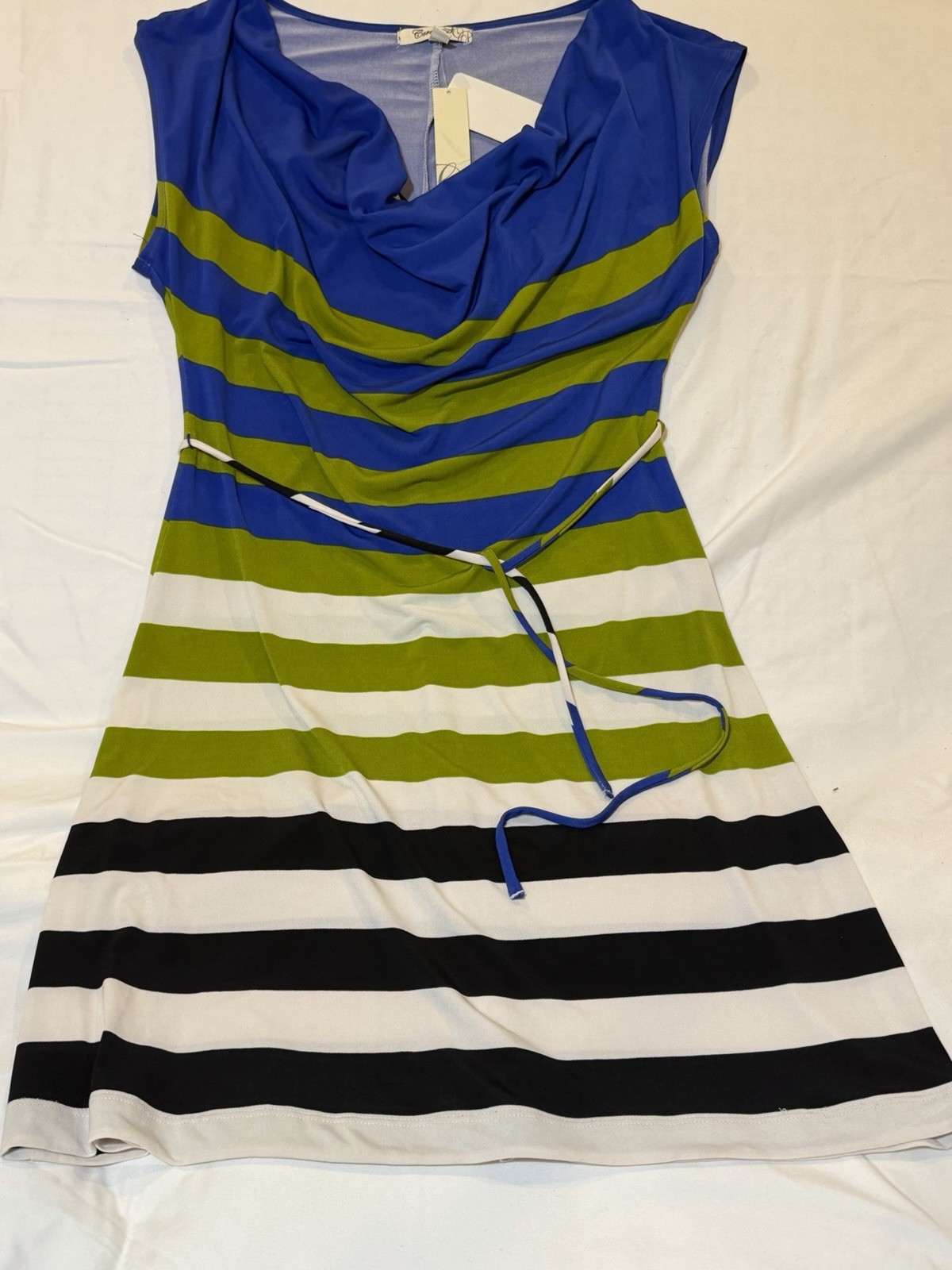 Cynthia Rowley Women’s Striped Cowl Neck Dress Blue Green Black White Size M NWT