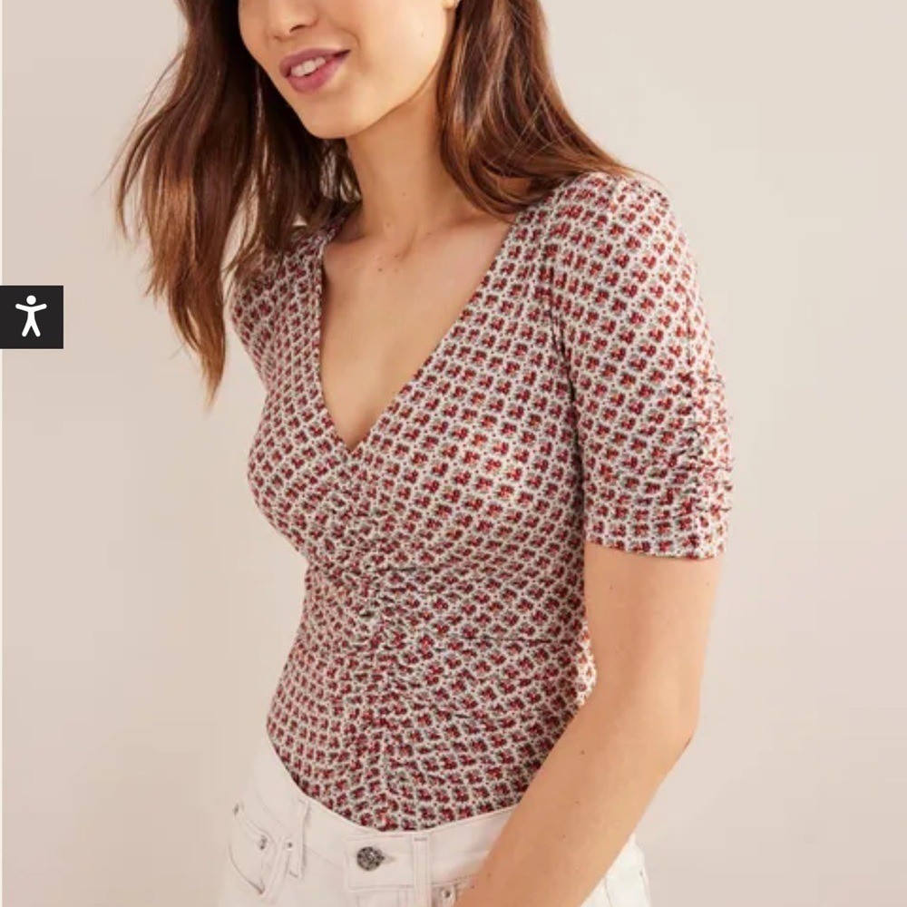 Boden Ruched Front Printed Top Vermillion Bloom Bud 16-18