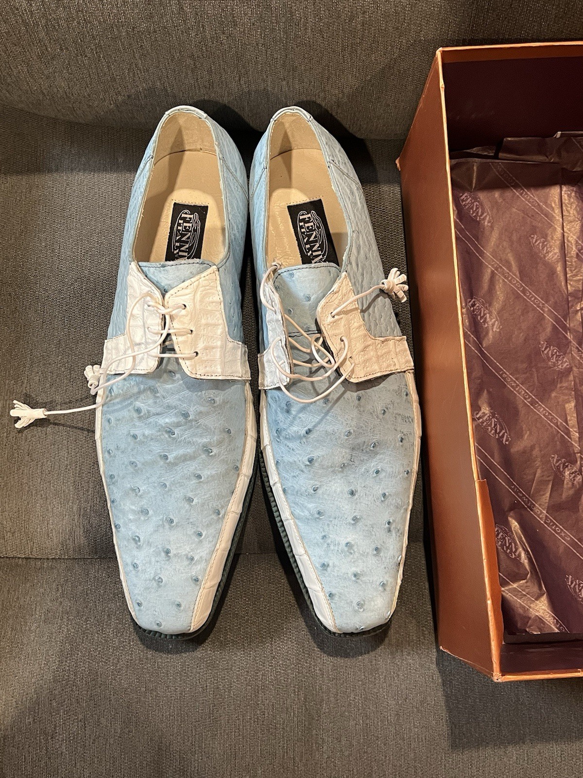 Fennix Italy Men’s Light Blue White Ostrich Crocodile Leather Dress Shoes 12