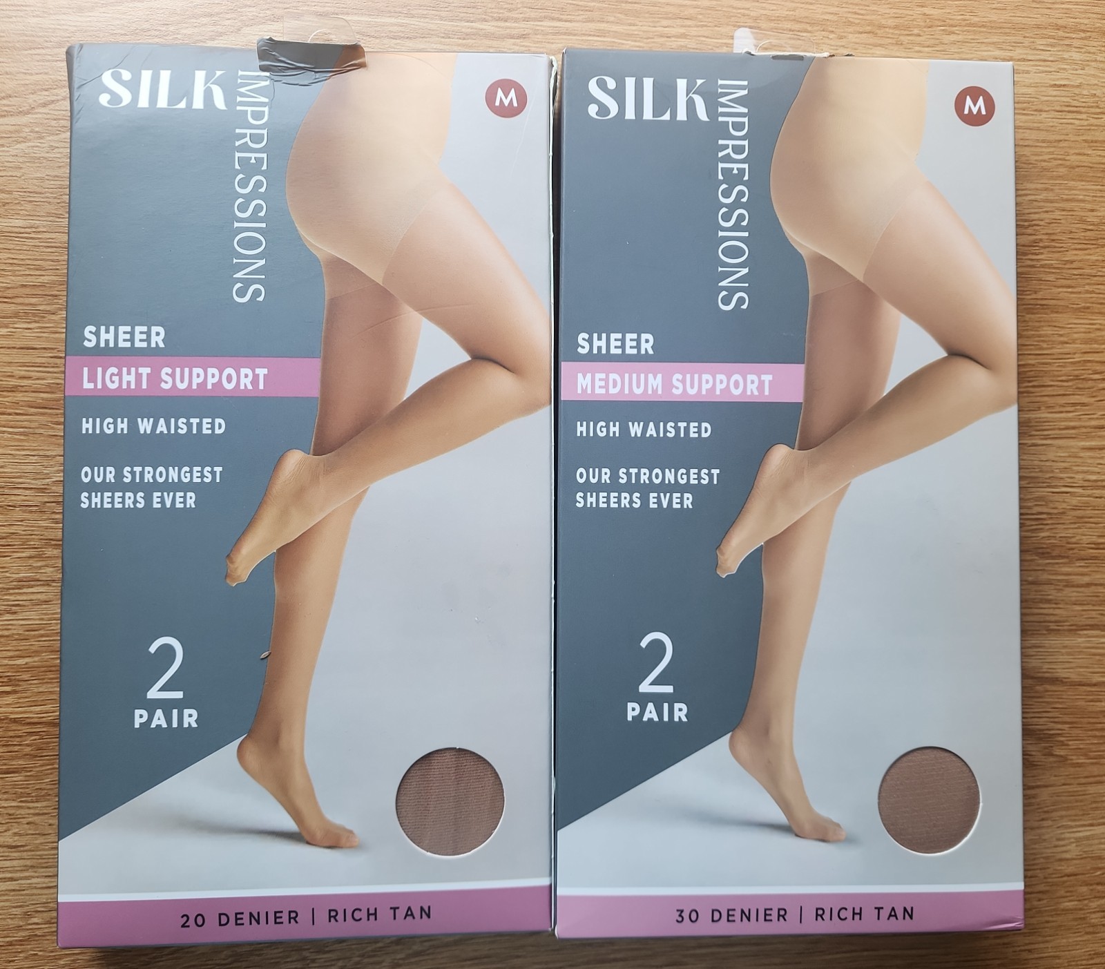 LOT 2 Pack SHEER High Waist Support Pantyhose M In Rich Tan 20D & 30D