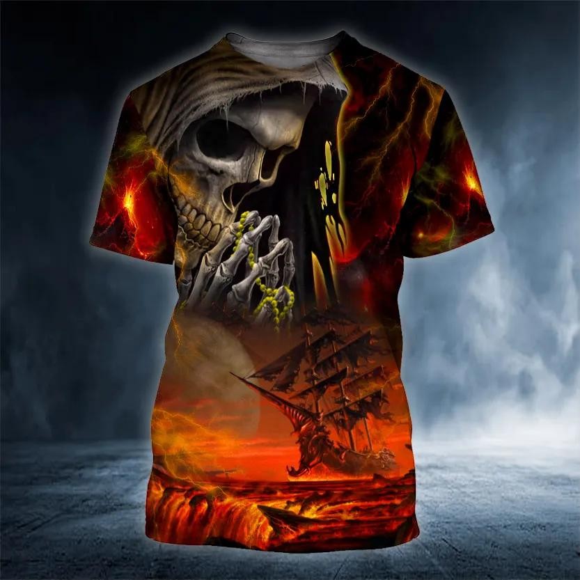 Grim Reaper Boat Prayer Skull 3D T-Shirt Gothic Graphic Novelty Gift for Men