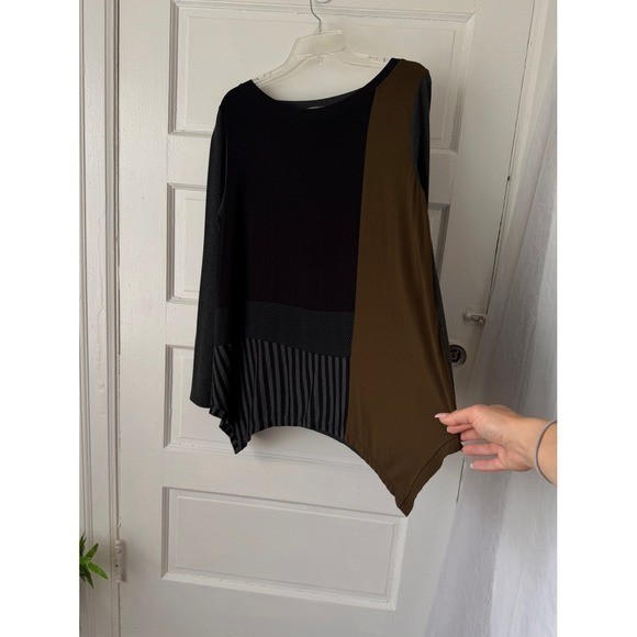 Alembika Tunic Top Lagenlook Boho Indie Long Sleeve Black Brown Colorblock 2