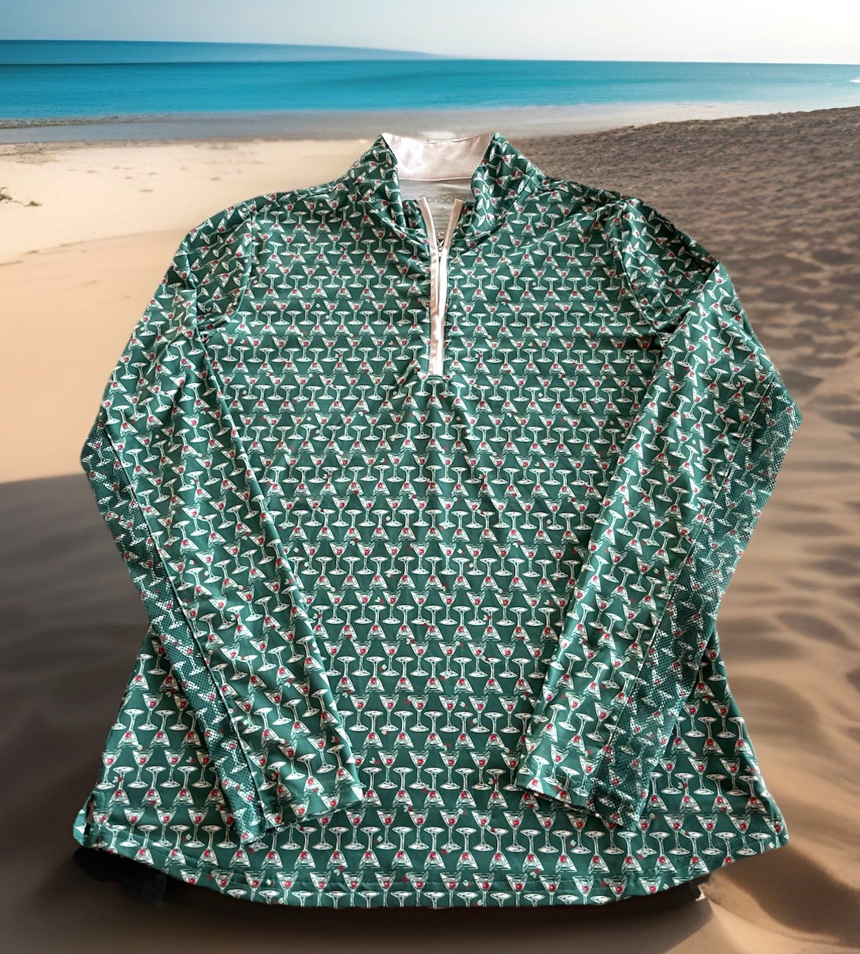 SanSoleil Green Martini Print Top Quarter Zip Long Sleeve UPF 50 Ladies S
