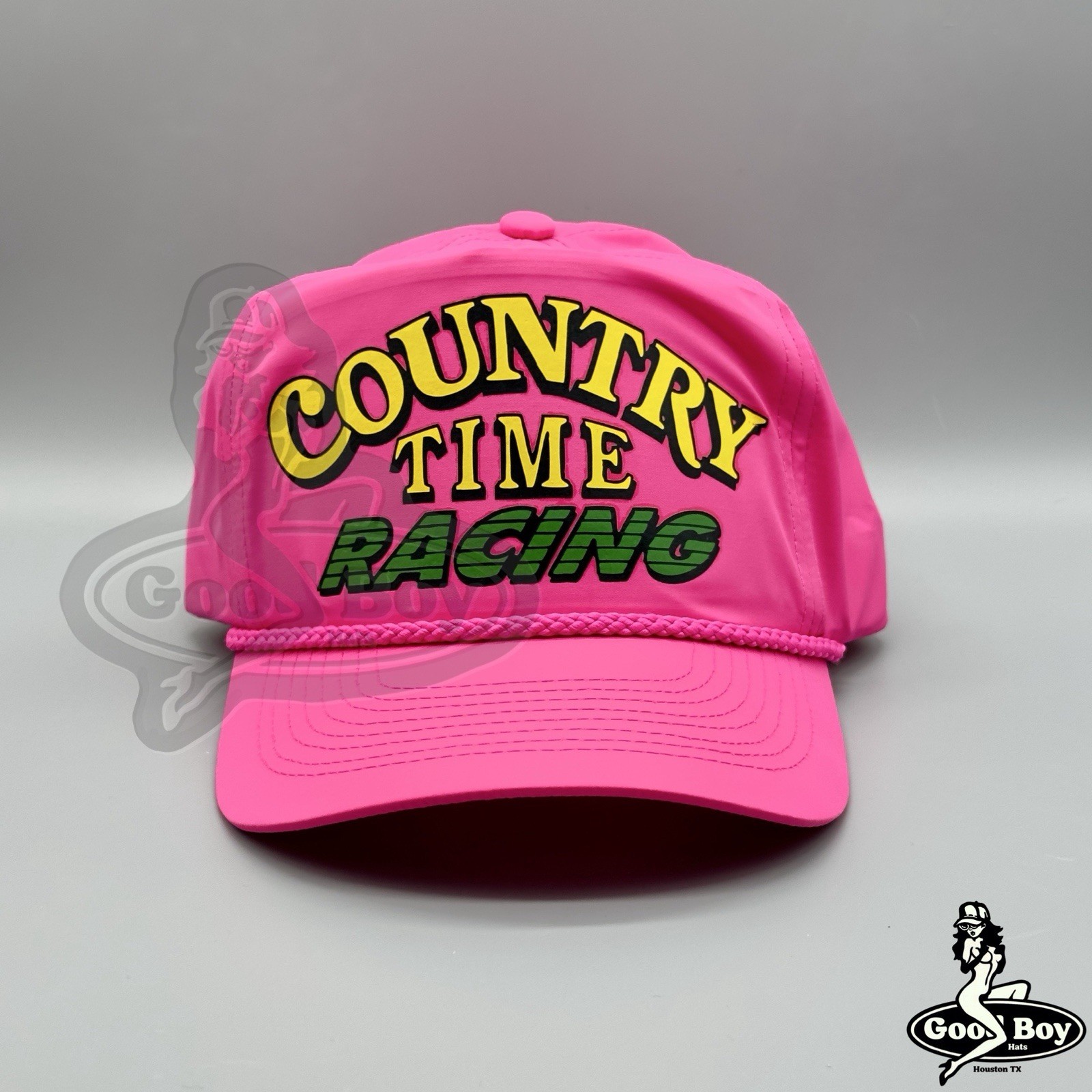 Country Time Racing Hat Vintage Neon Pink Trucker Rope Cap 80s NASCAR Lemonade