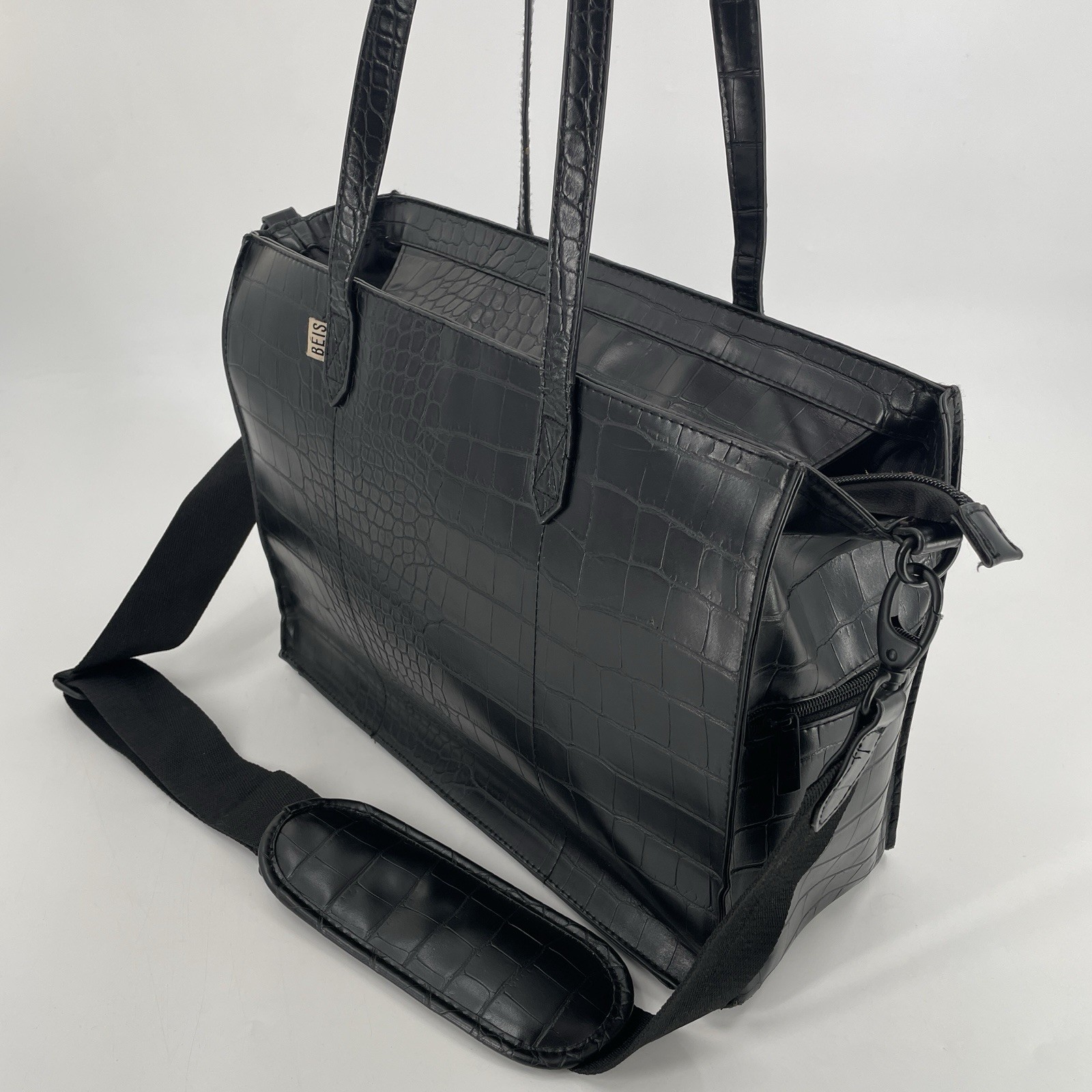 BEIS The Work Tote Bag in Black Croc Leather – Crossbody Shoulder Strap