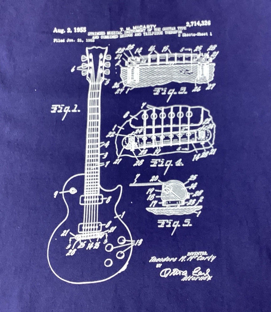 1955 Les Paul Guitar Inspired By Gibson Blueprint T-Shirt Youth Large Blue EUC