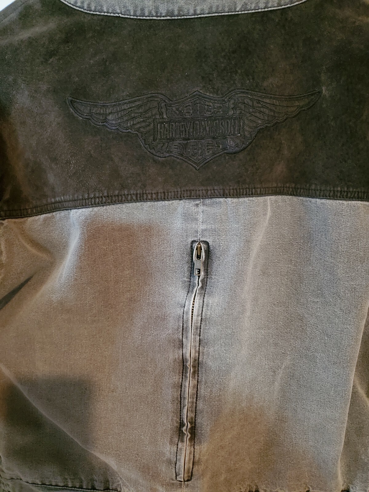 Vtg Authentic Gray Unisex Harley Davidson Suede Leather & Denim Jacket or Vest
