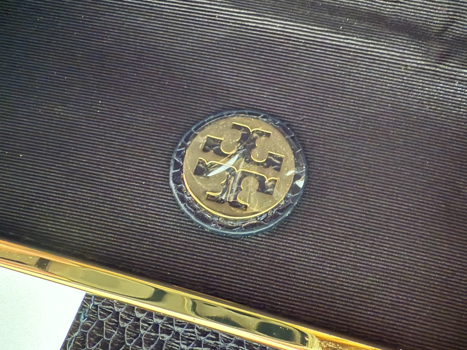 Tory Burch Embossed Black Leather Hard Shell Clutch with Gold Trim and Gold Logo