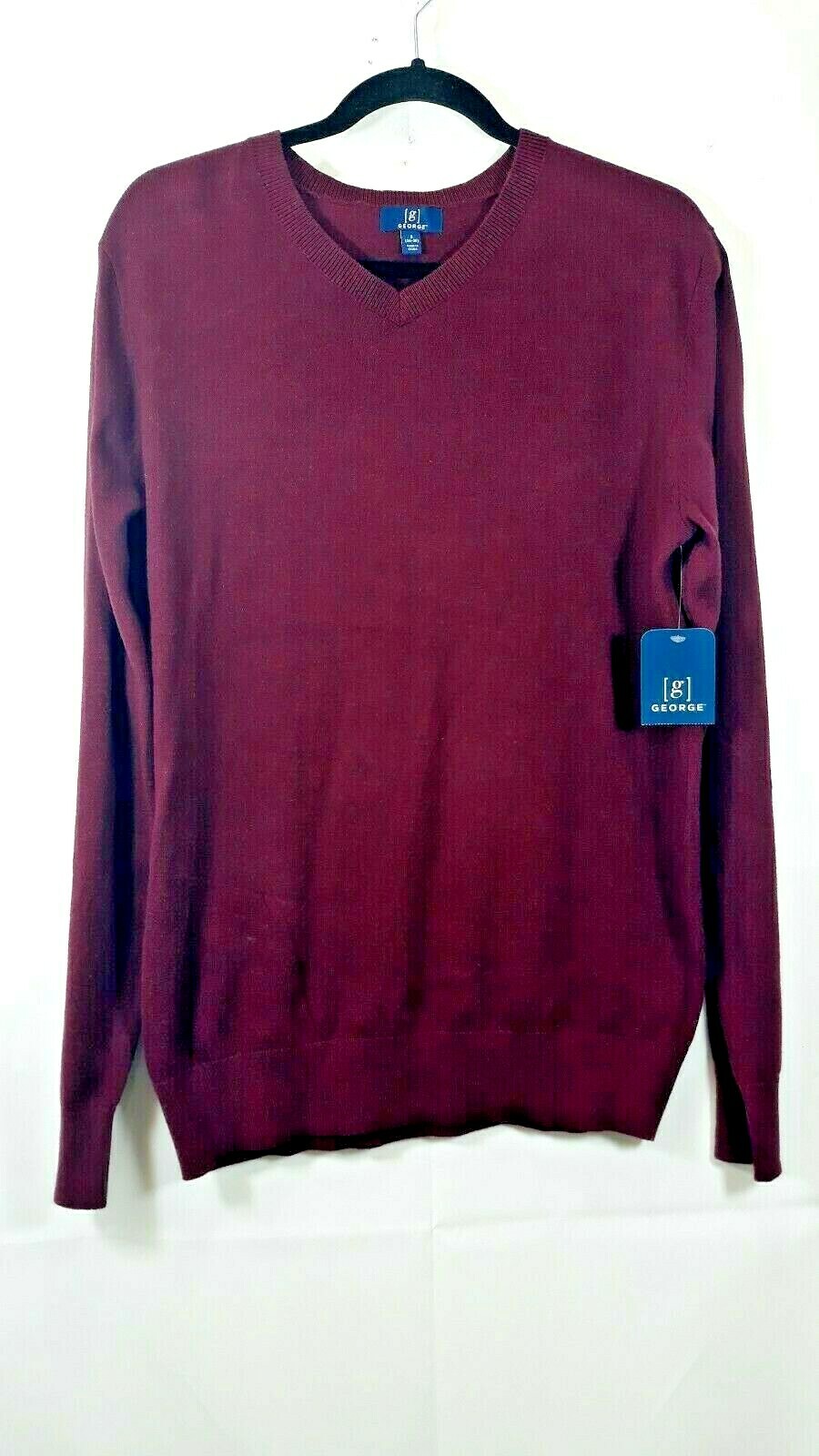 George Men’s Burgundy V- Neck Long Sleeve Pullover Sweater Top Sizes Varies