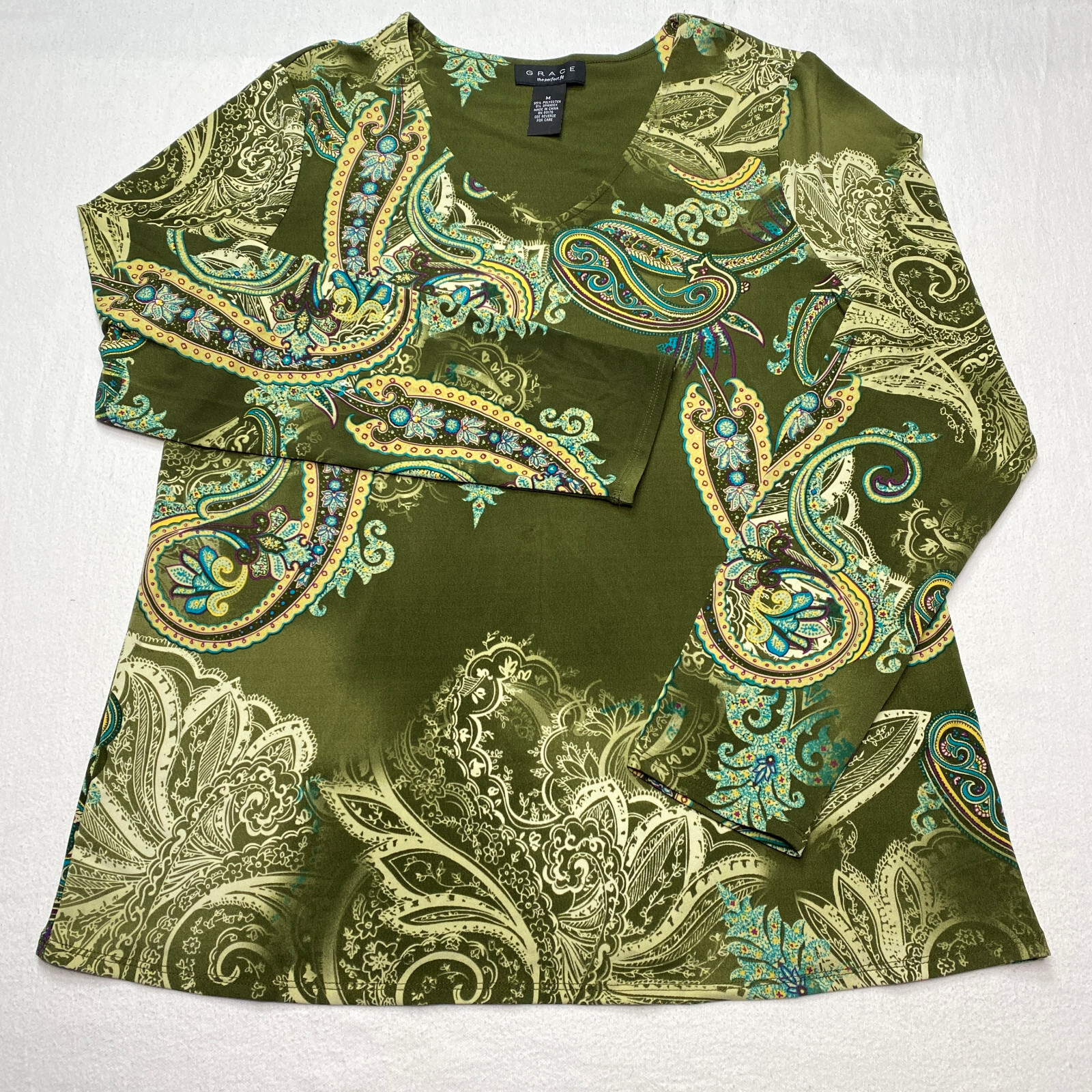 Grace Top sz M Green Paisley Dark Bohemian Art Teacher Vibe 70s Retro Inspired