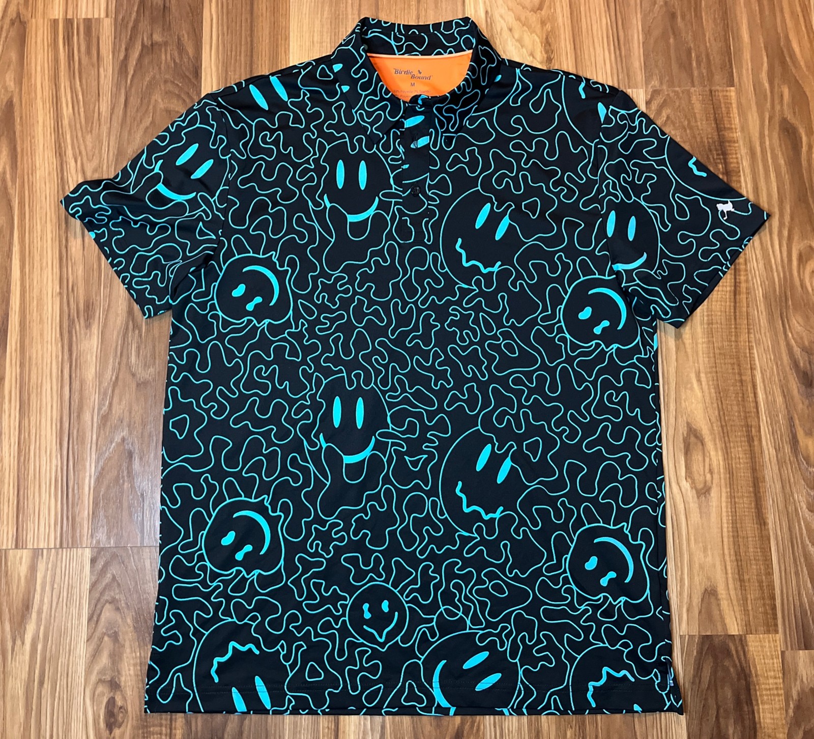 Birdie Bound Smiley Face Melting Golf Polo size M Black Neon Blue