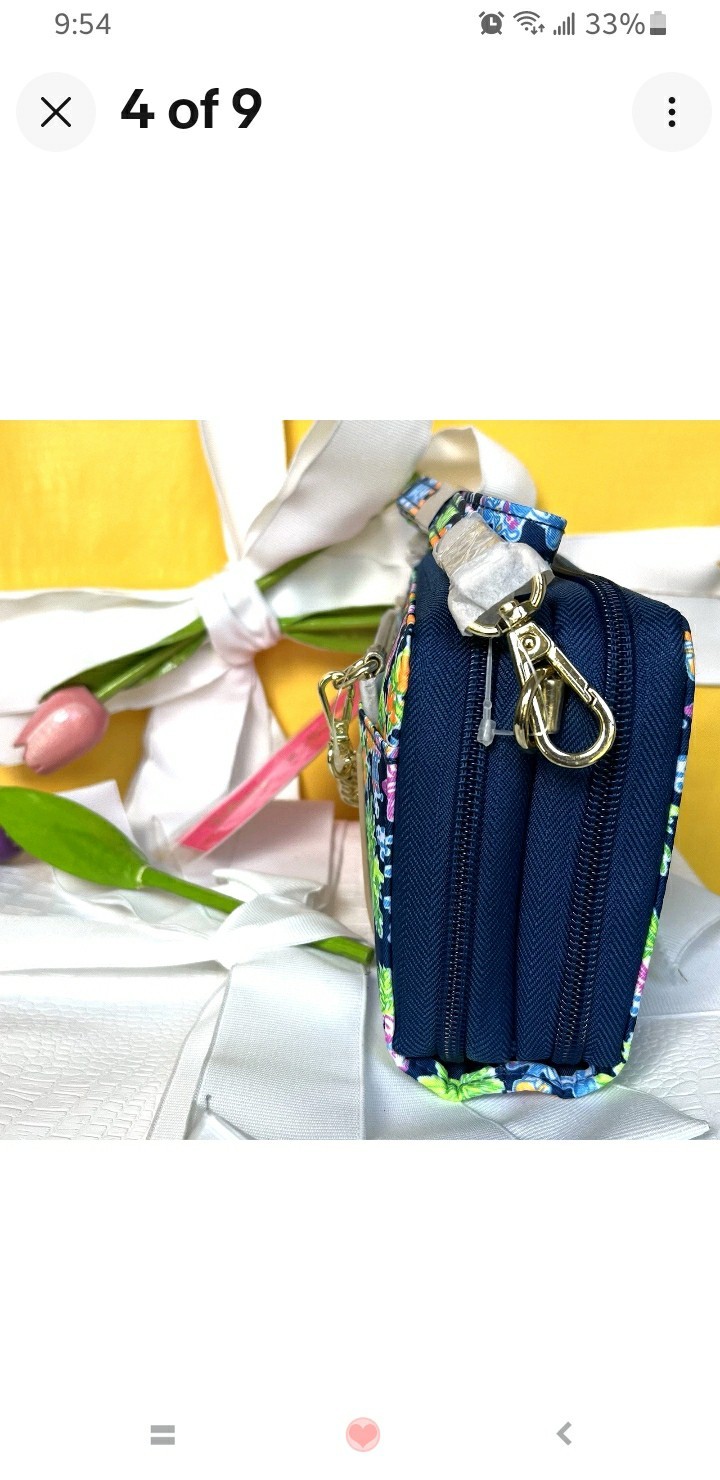 Disney x Lilly Pulitzer Mickey Floral Zip Wristlet Wallet Blue Chain ID Window