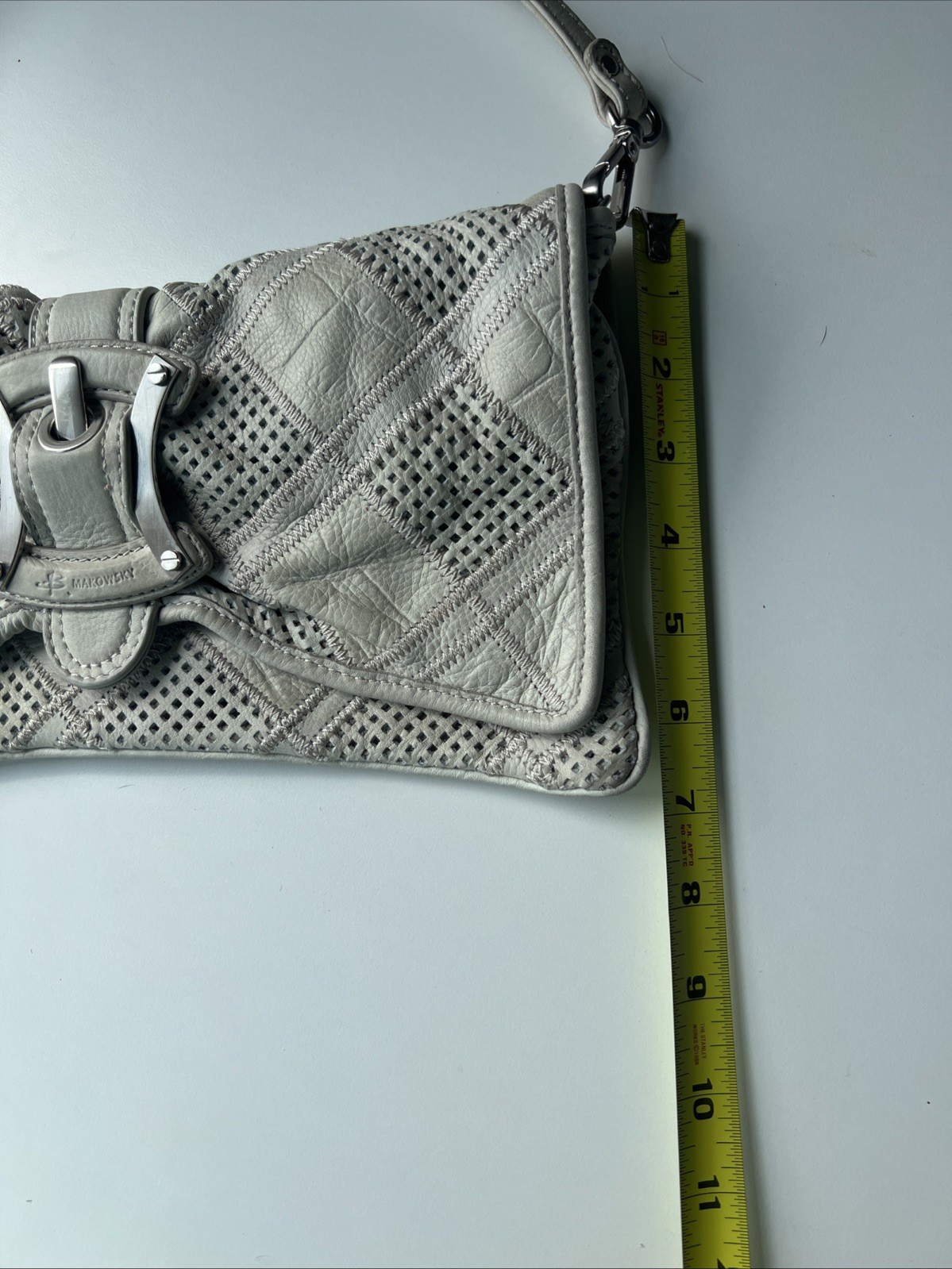 Makowsky Gray Leather Shoulder Bag Perforated Patchwork Silver Hardware Purse