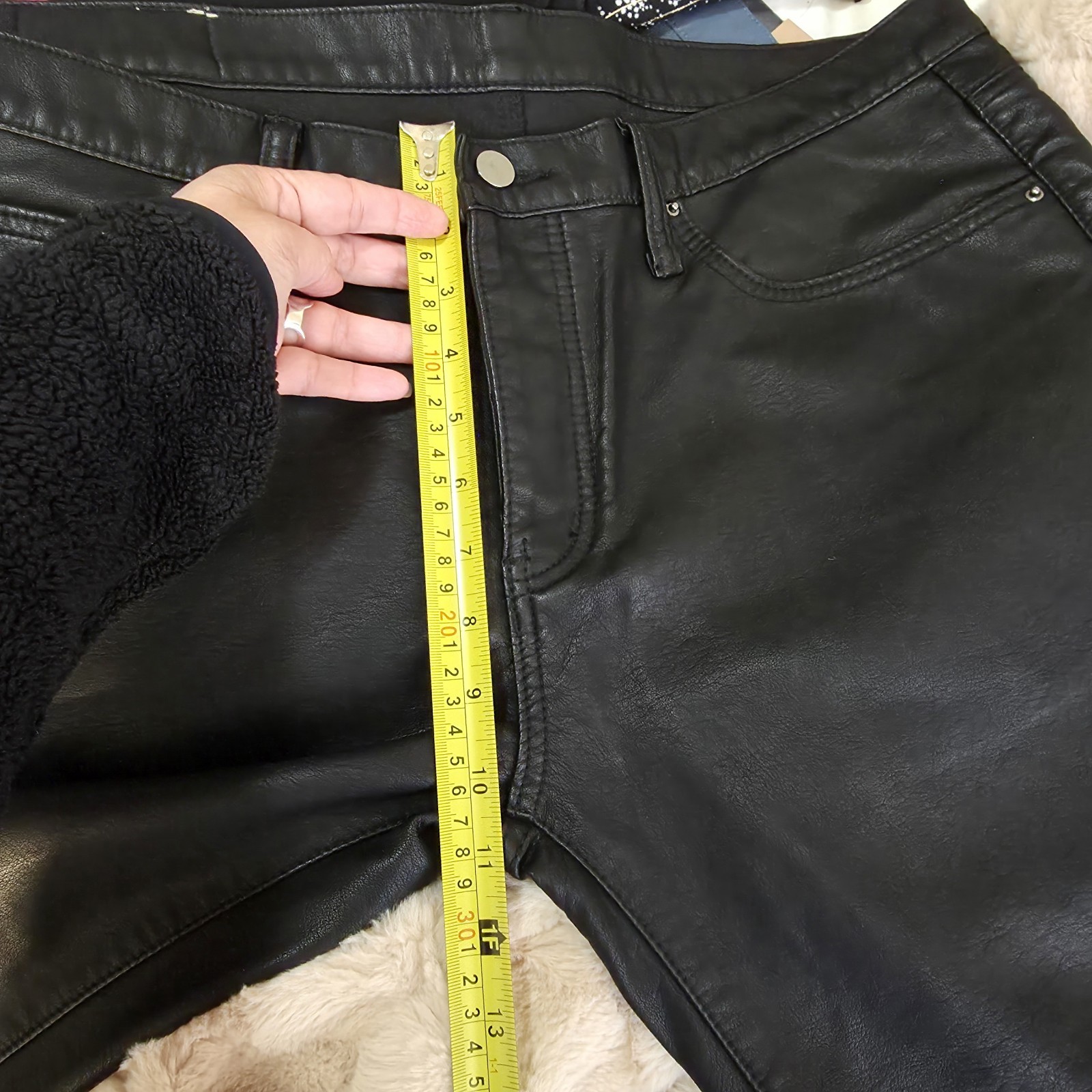 mnml Men’s Black Solid Flat Front Polyurethane Pants, Button/Zip, 5-Pocket, 36