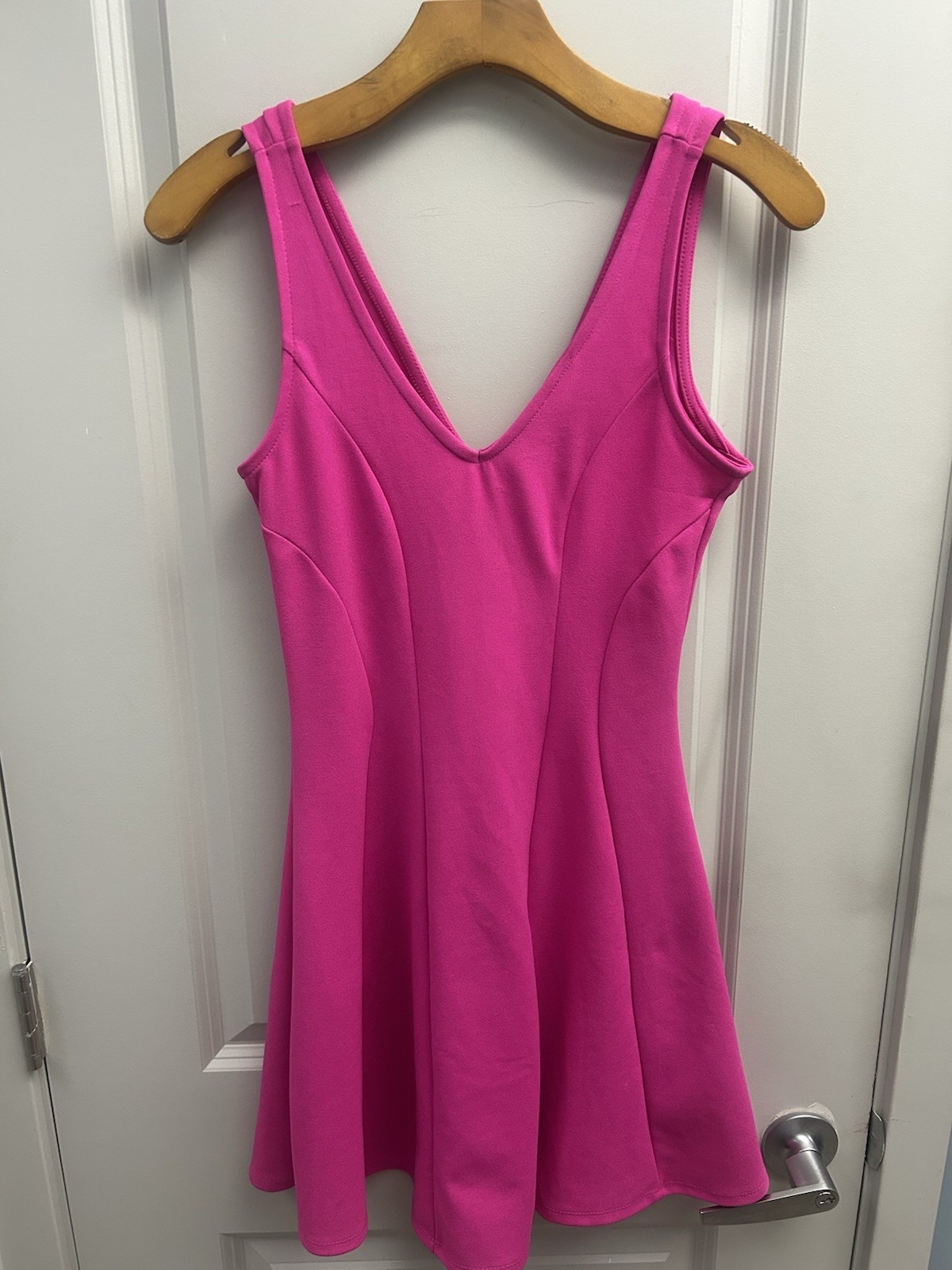 Iris Pink Solid V-Neck Sleeveless Fit & Flare Short Knit Dress Size S