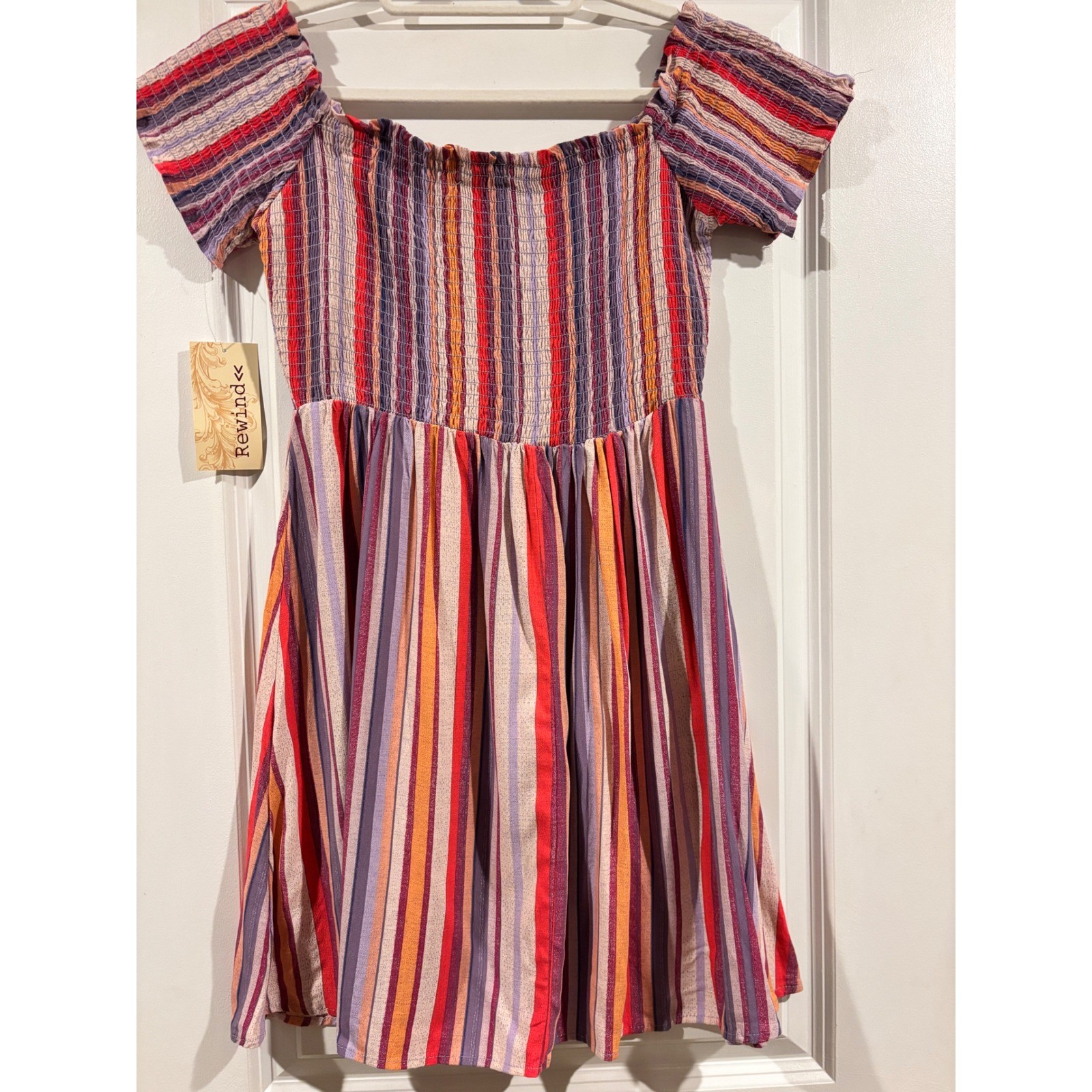 Rewind Mini Dress Womens Medium NWT Fierce Lava Striped Smocked Off Shoulder NKD
