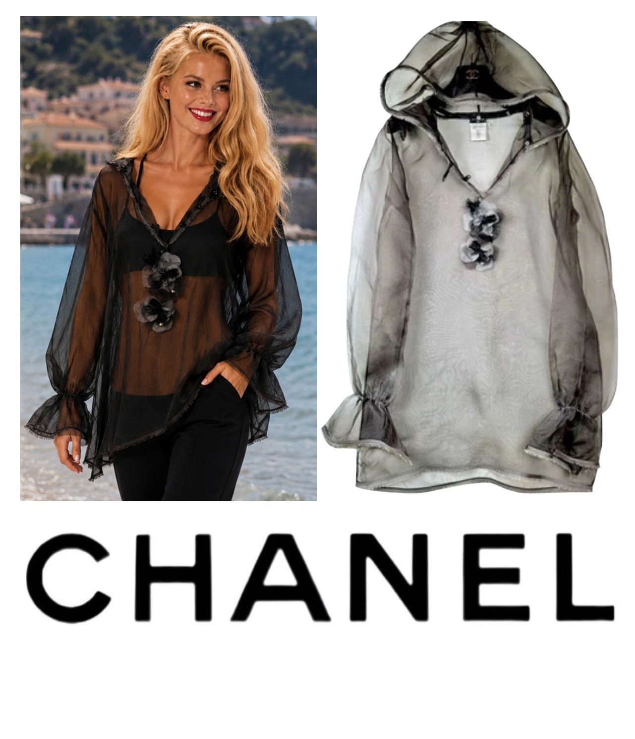 Chanel Vintage 2008 Black Sheer Jacket Coverup Dress 44 46 10 12 Swim Top M L