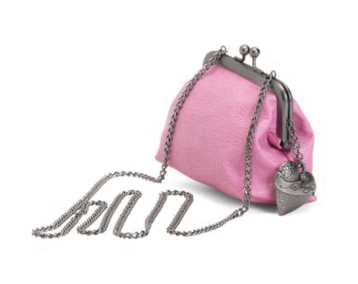Ed Hardy Pink Kiss Lock Clutch with Chain Strap, Detachable Strap, Heart Charm
