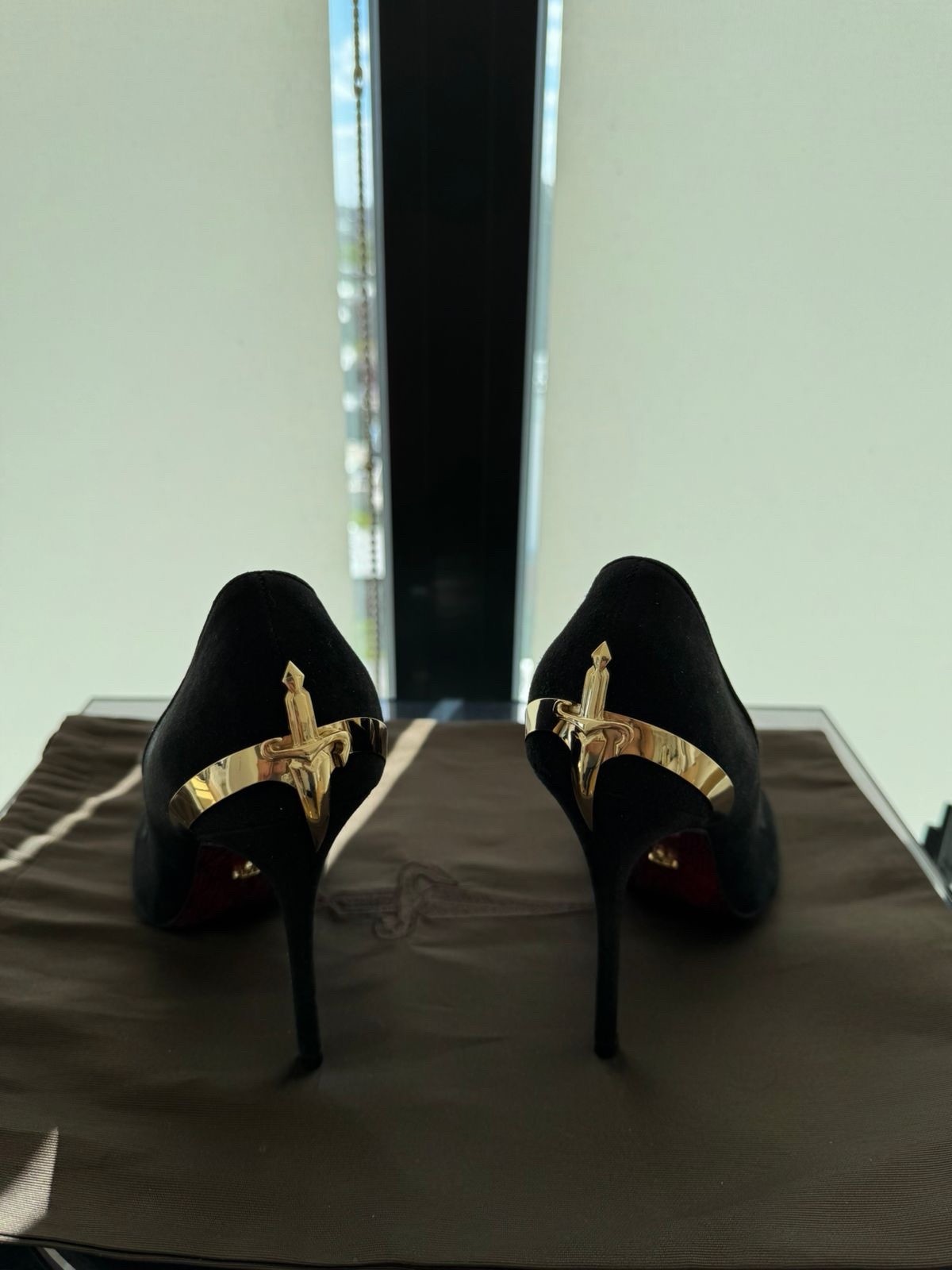 Cesare Paciotti Black Suede Pumps Gold Hardware Pointed Toe Stiletto Heel