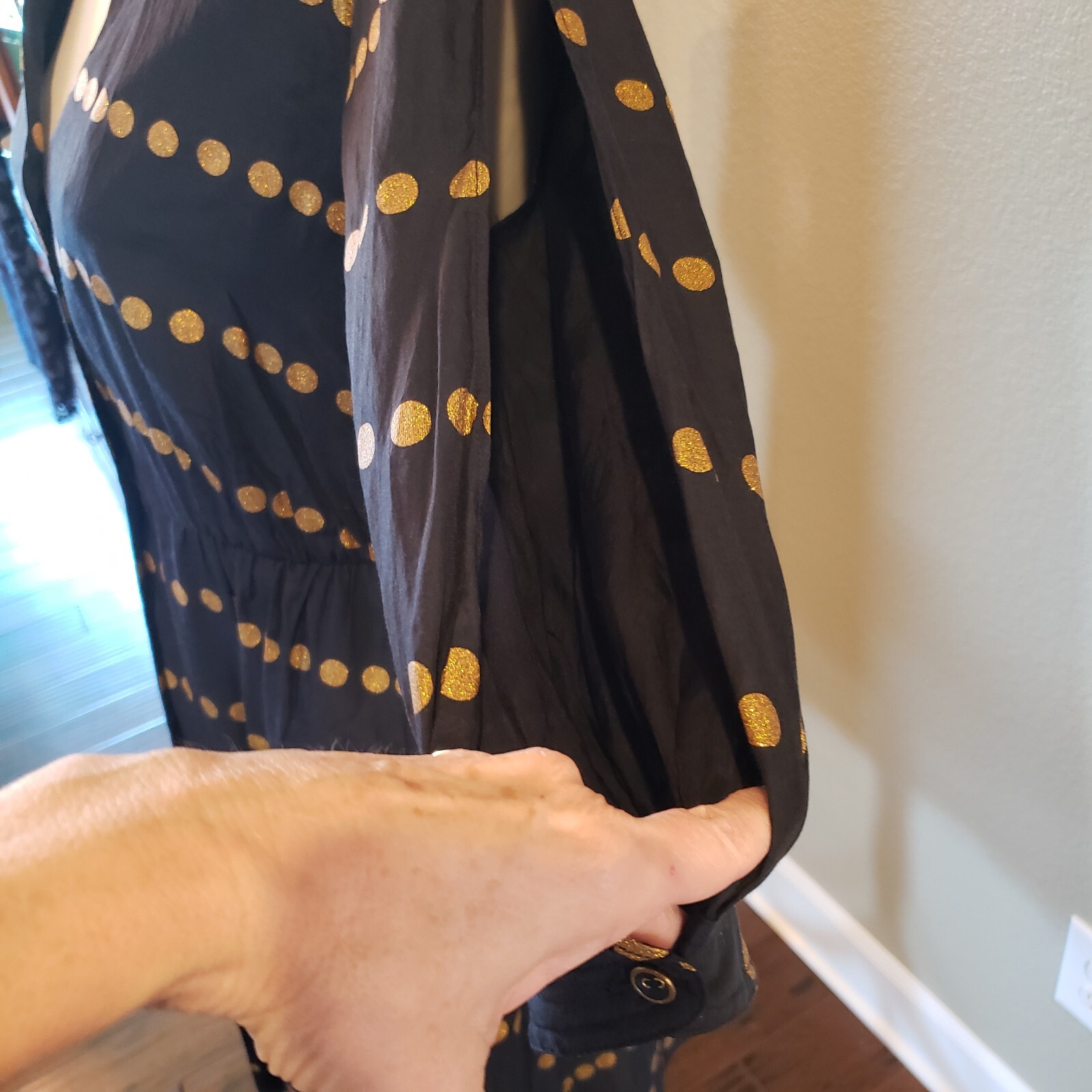 Anthropologie Postmark Dress Womens 6 Navy Gold Dots Slit Sleeves Silk Blend EUC