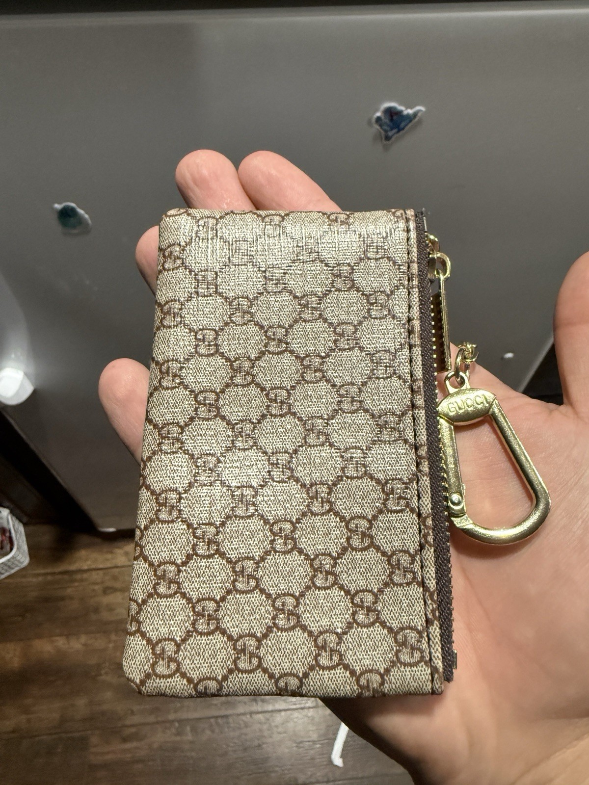 Gucci Brown Canvas Logo Key Chain with Zipper and Gold Hardware