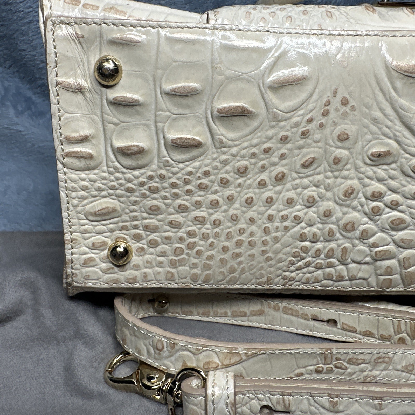 Brahmin Greta Satchel Bag With Crossbody Strap Cream Gold Croc Embossed