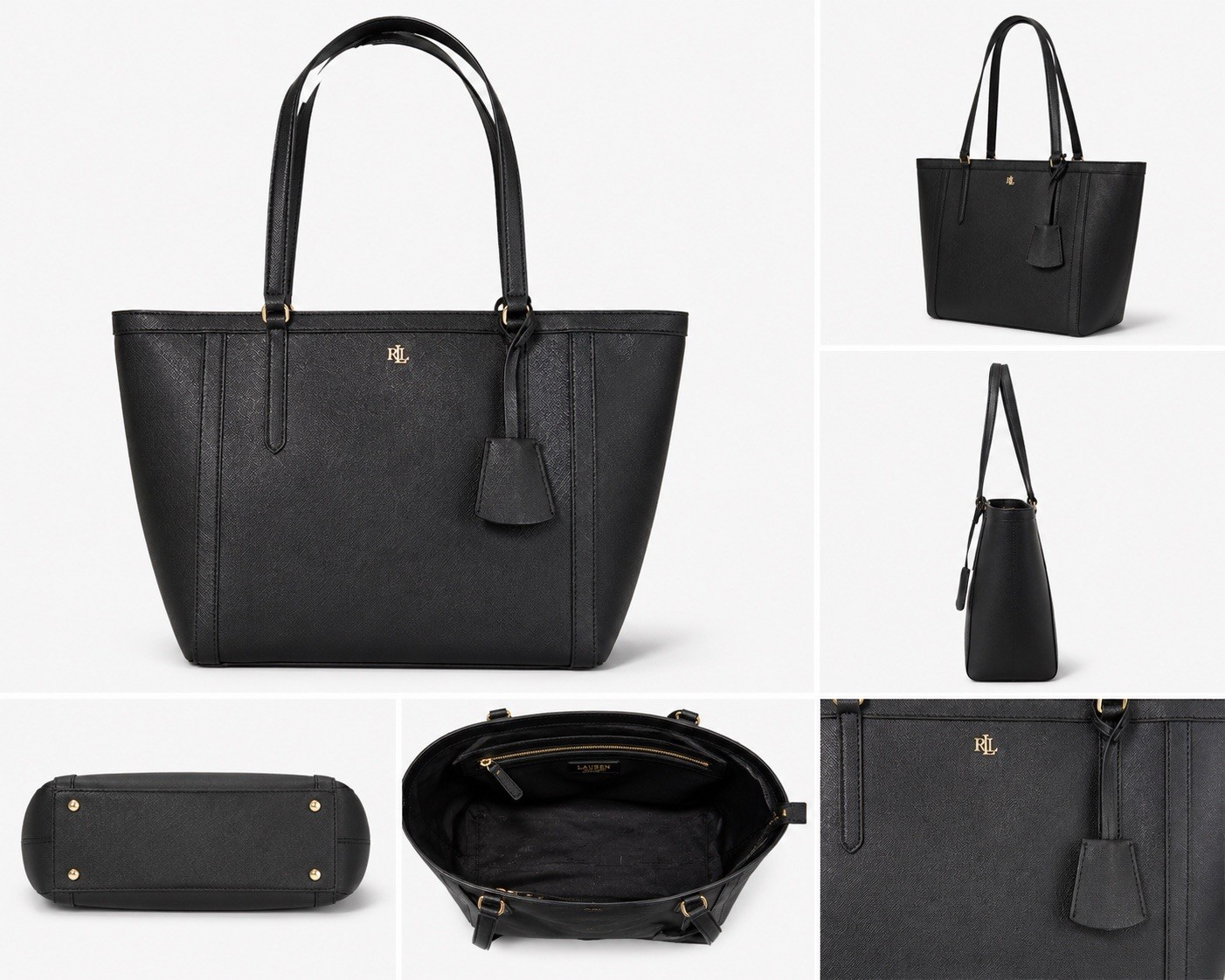 Lauren Ralph Lauren Black M Clare Tote Zip Closure Gold Hardware Luggage Tag