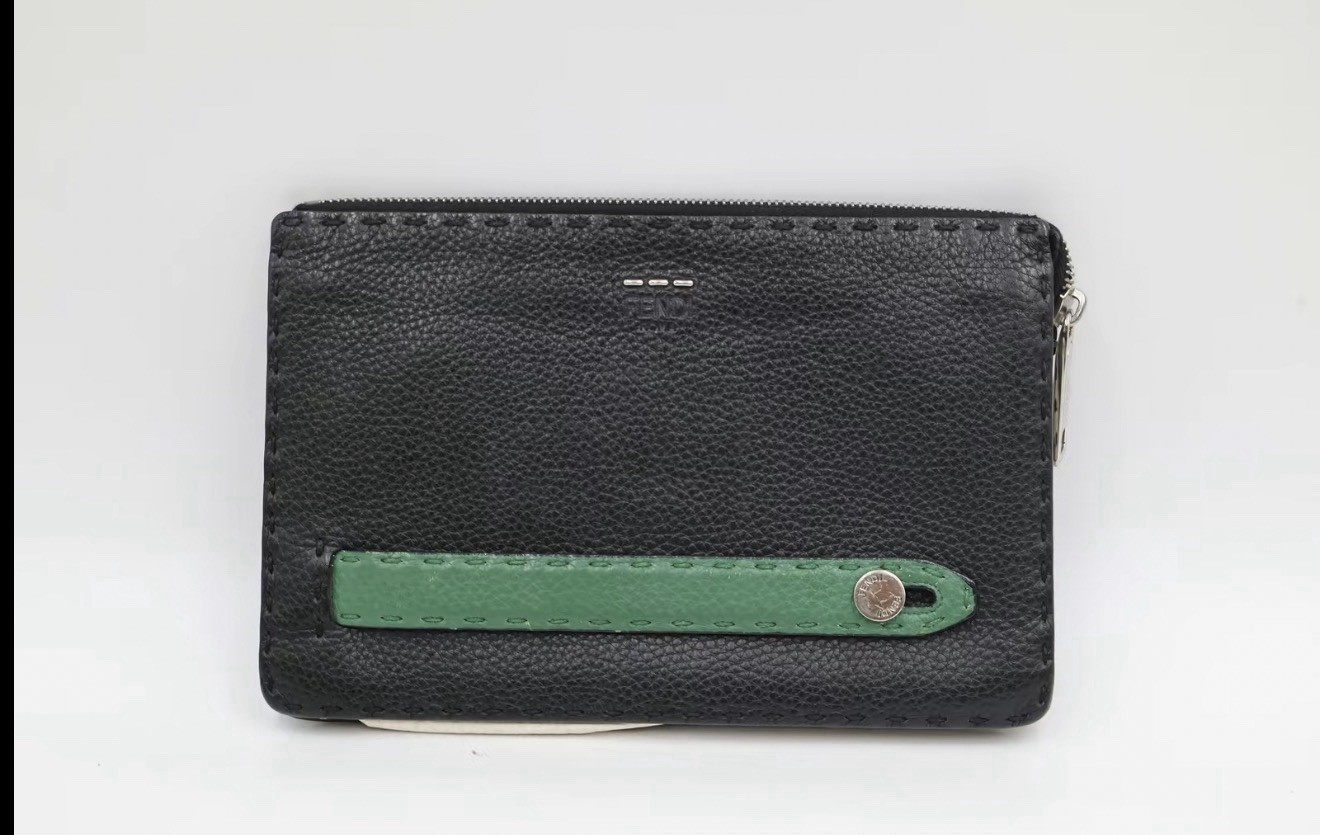 Authentic Fendi Selleria Leather Zip Pouch Clutch Black Green Wristlet Italy