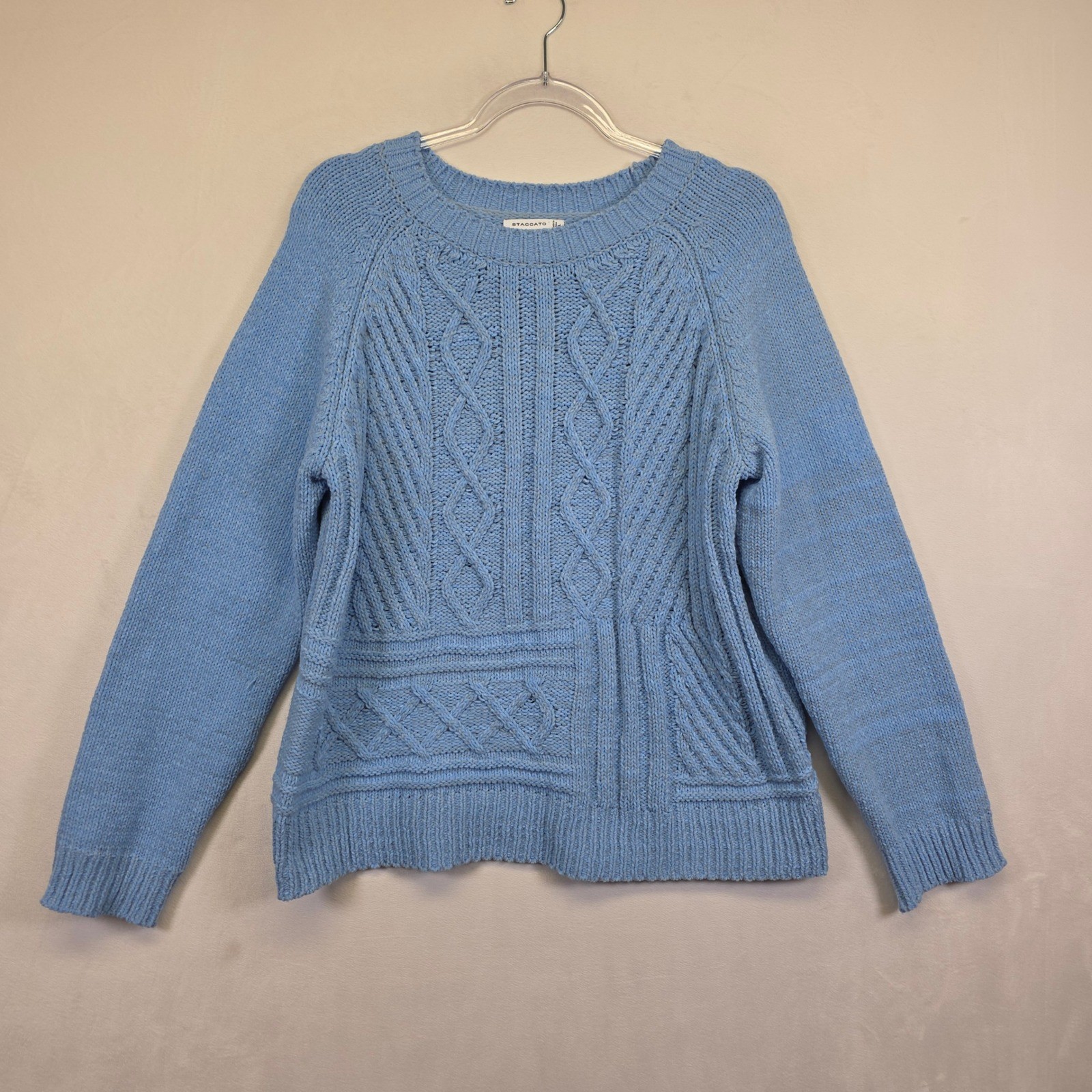 Staccato Cable Knit Sweater Womens L Blue Cozy Soft Fisherman Cottagecore Preppy