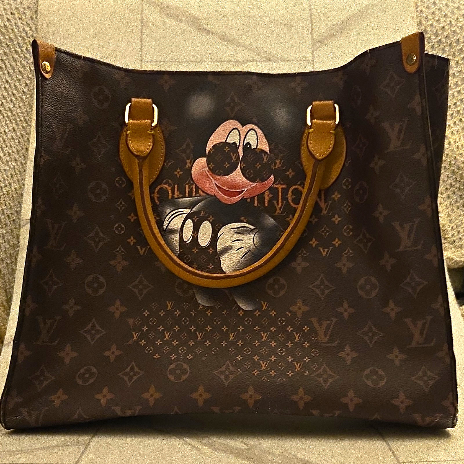 Louis Vuitton Monogram Tote Bag Mickey Mouse Print Brown Gold Hardware