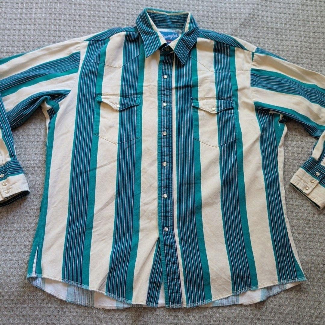 Wrangler Western Shirt Mens Large Green Stripe Cotton Pearl Snap Long Sleeve