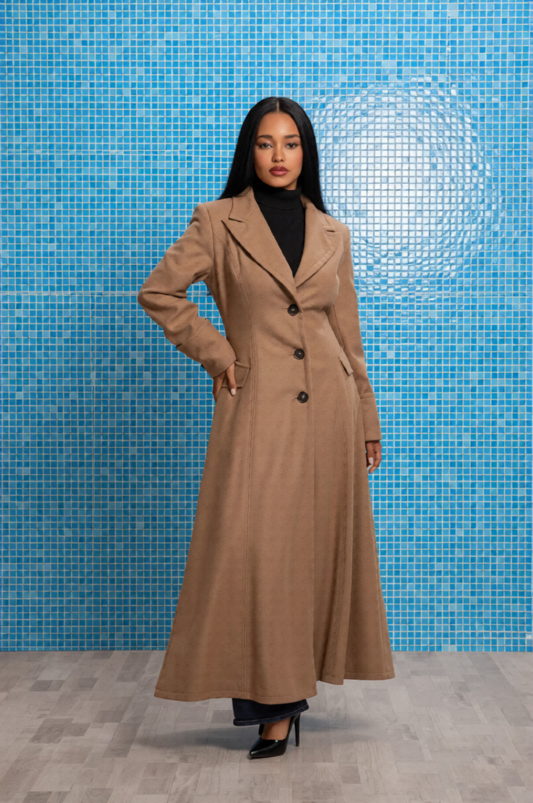 Women’s Long Wool Blend Coat Single Breasted Custom Fit Multiple Color Option
