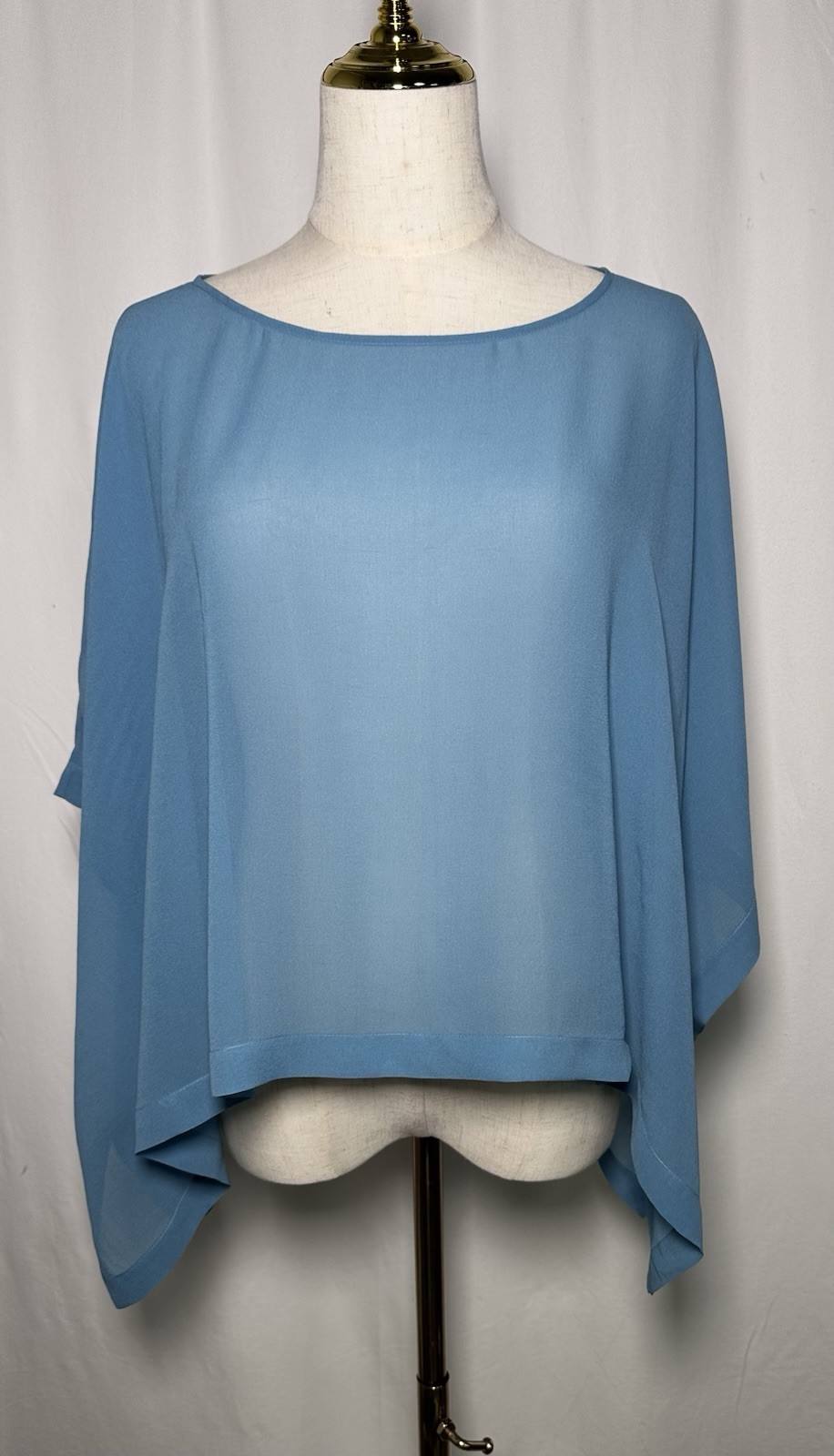 Eileen Fisher Womens Poncho Top L/XL Bateau Neck Sheer Silk Crop Blue $178