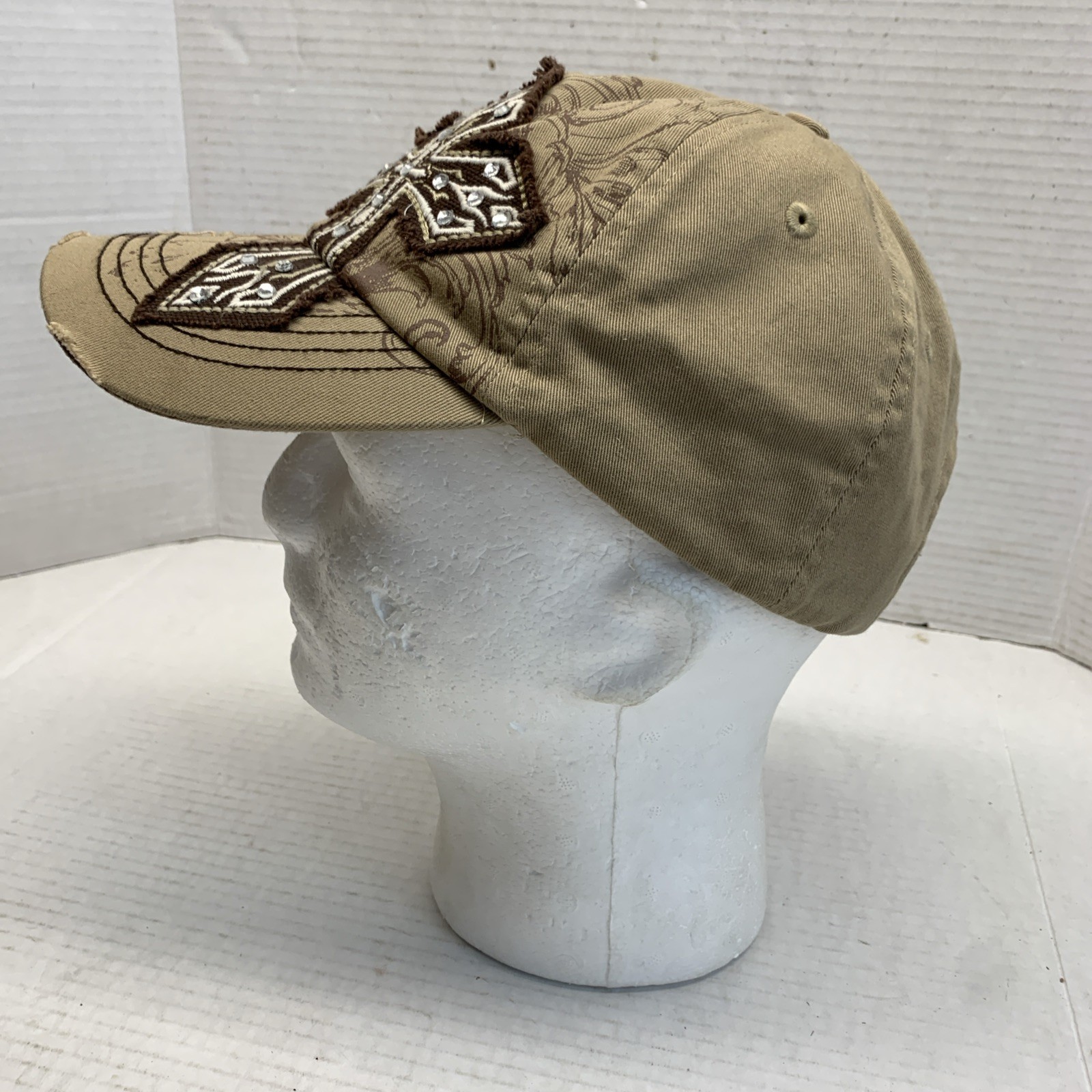Kbethos Beige Hat Cap Embroidered Bling Cross Strapback