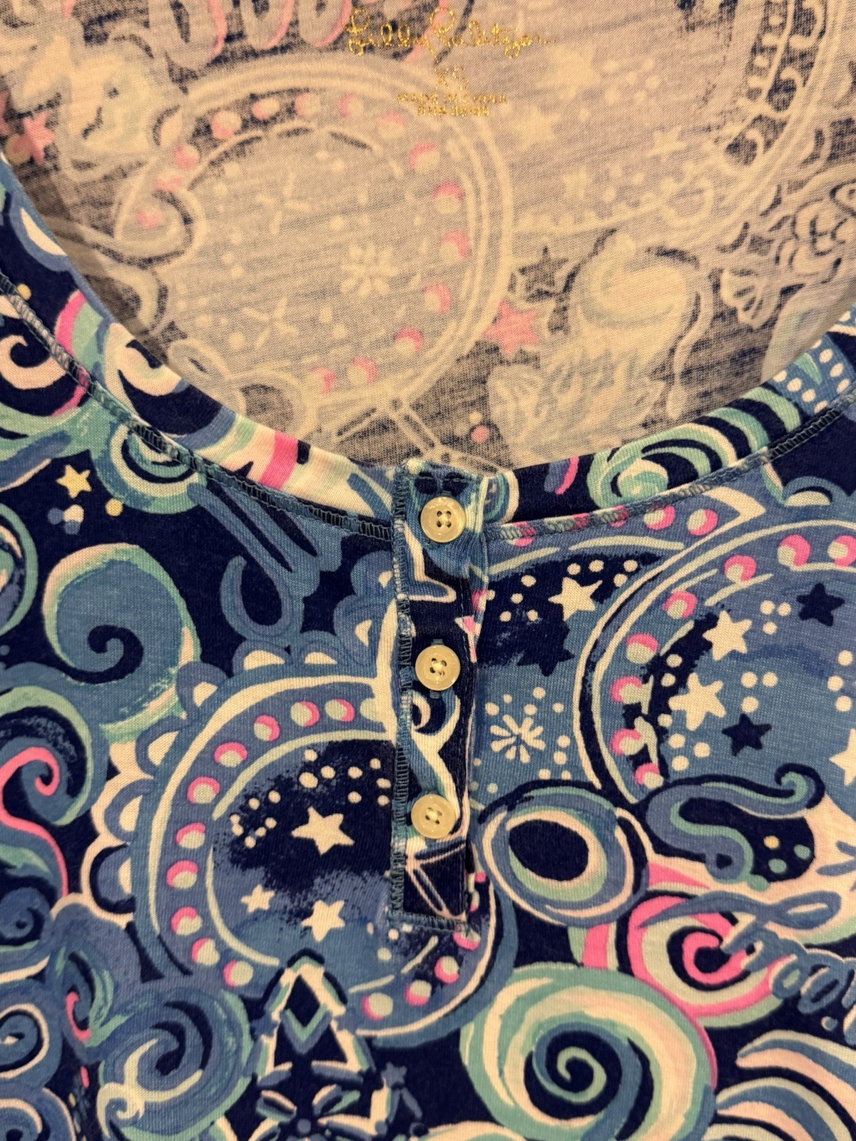 Lilly Pulitzer PJ Knit Ruffle Henley Top Blue/Pink Cosmic Kismet Size XS