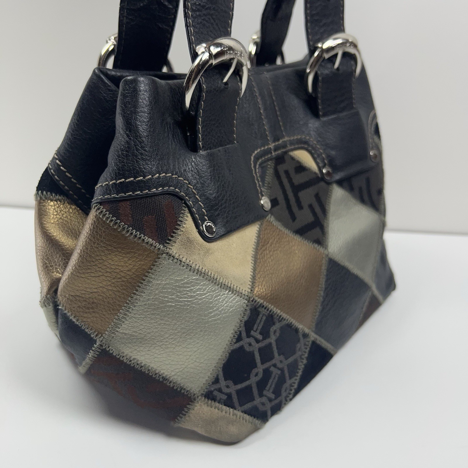 TIGNANELLO Leather Suede Patchwork Shoulder Bag Metallic Silver Buckle Boho Chic