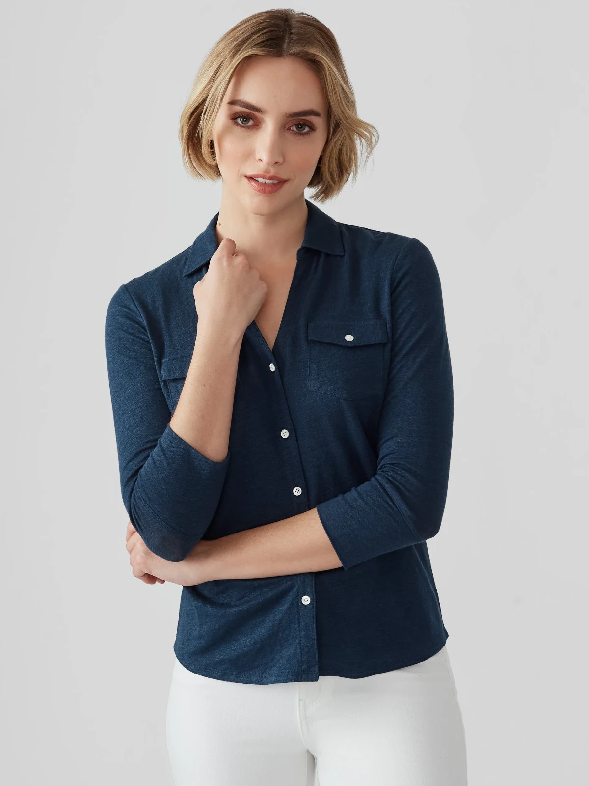 NEW Women J. McLaughlin Brynn Linen Stretch 3/4 Sleeve Button Down Shirt Navy