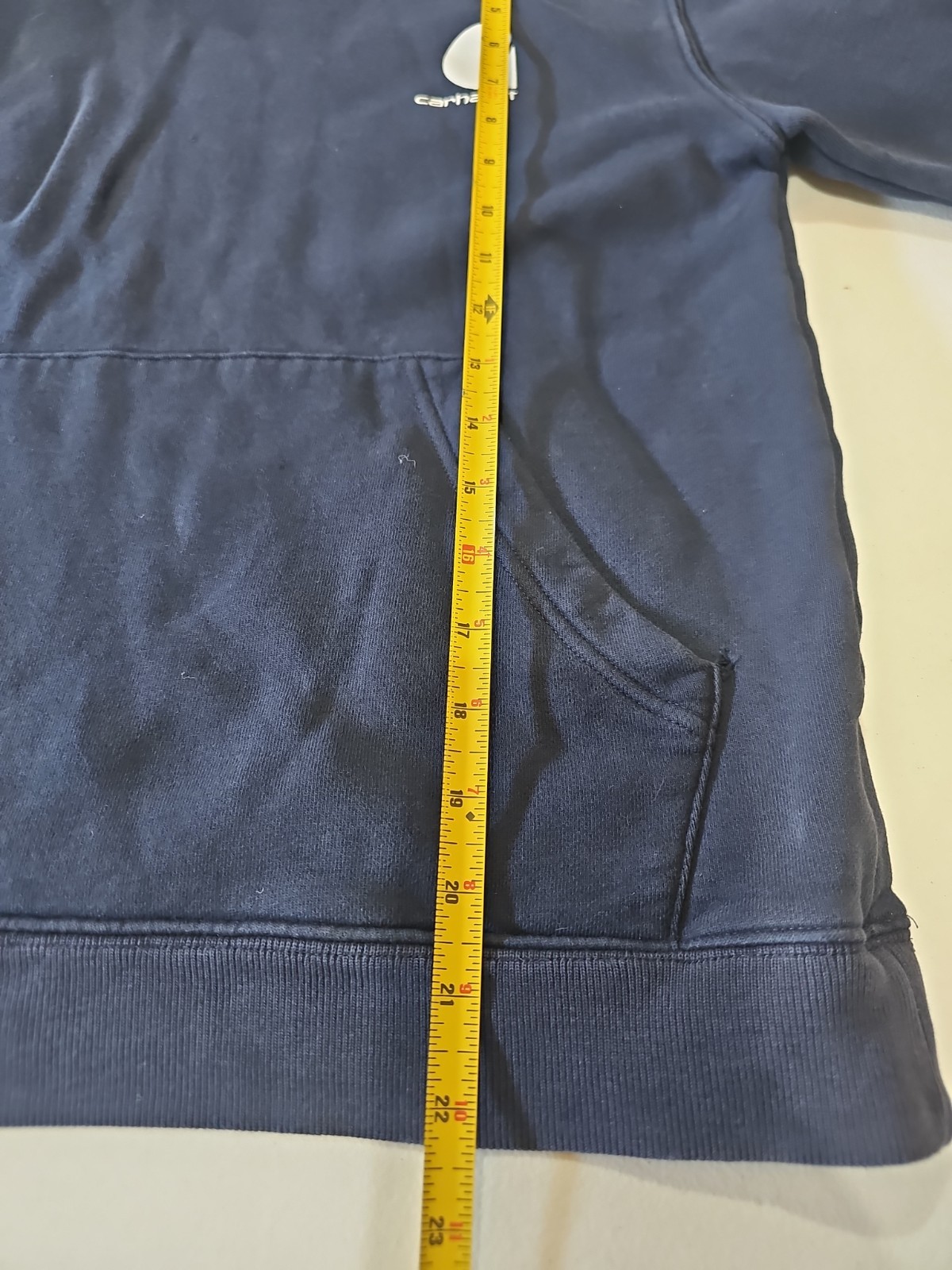 Carhartt Navy Hooded Pullover Sweatshirt Logo Sleeve Hoodie 21×22 EUC