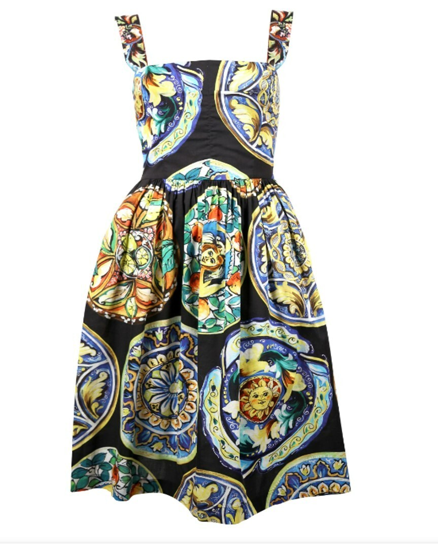 Dolce & Gabbana Dress Cotton Floral Sicilian Plates Flared Midi IT40
