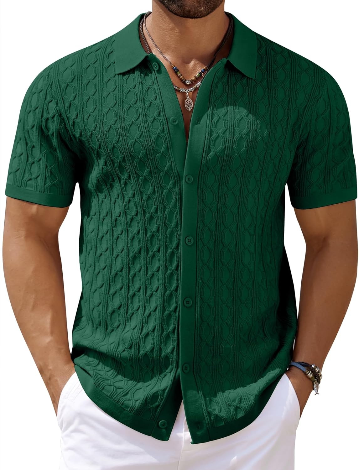 Men’s Knit Short Sleeve Shirts Button Down Vintage Knitted Polo Shirt