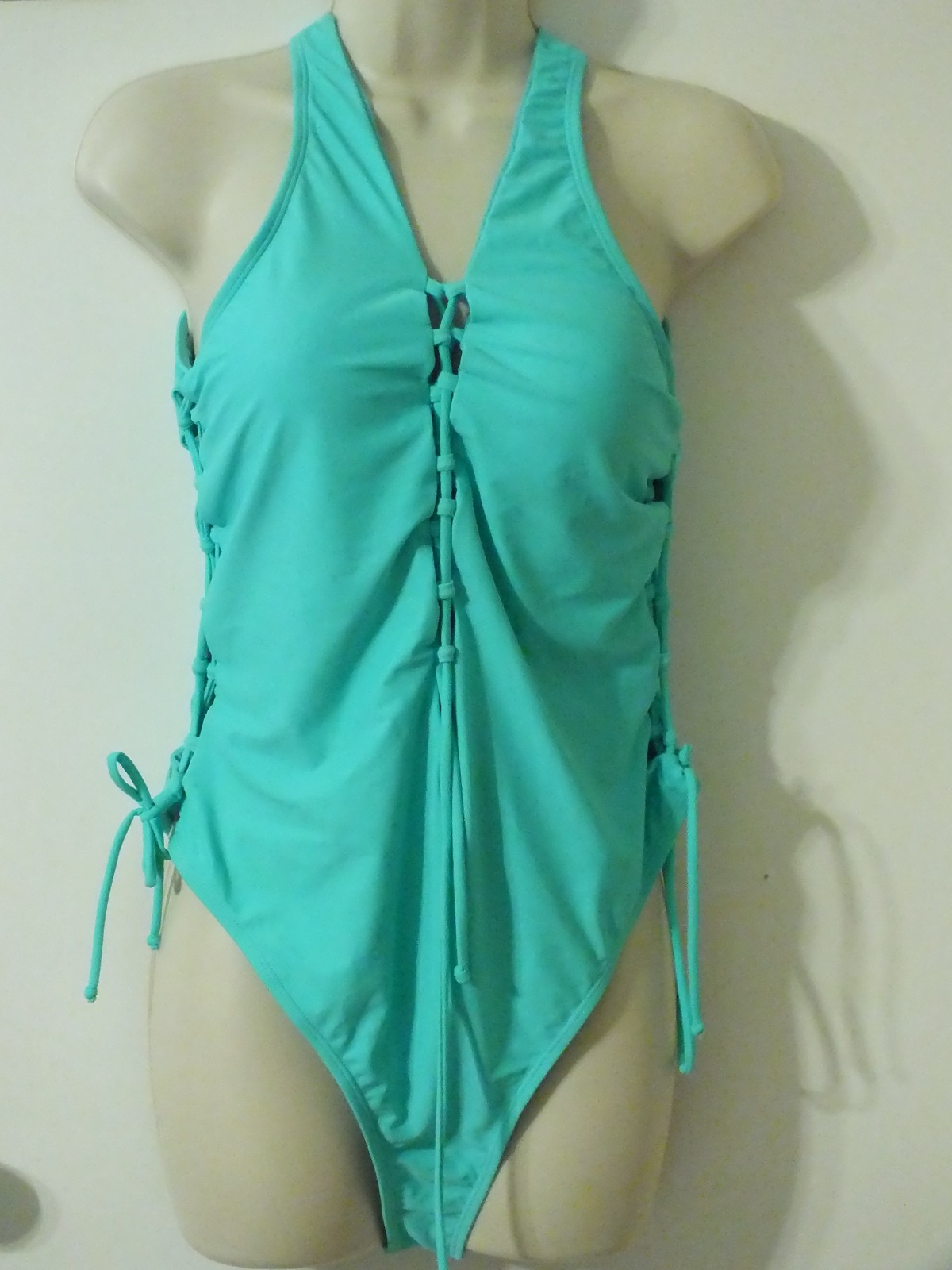 One-Piece Backless Swimsuit Sz L 12-14 Teal Deep V-Neck Plunge w/ Adjustable Fit