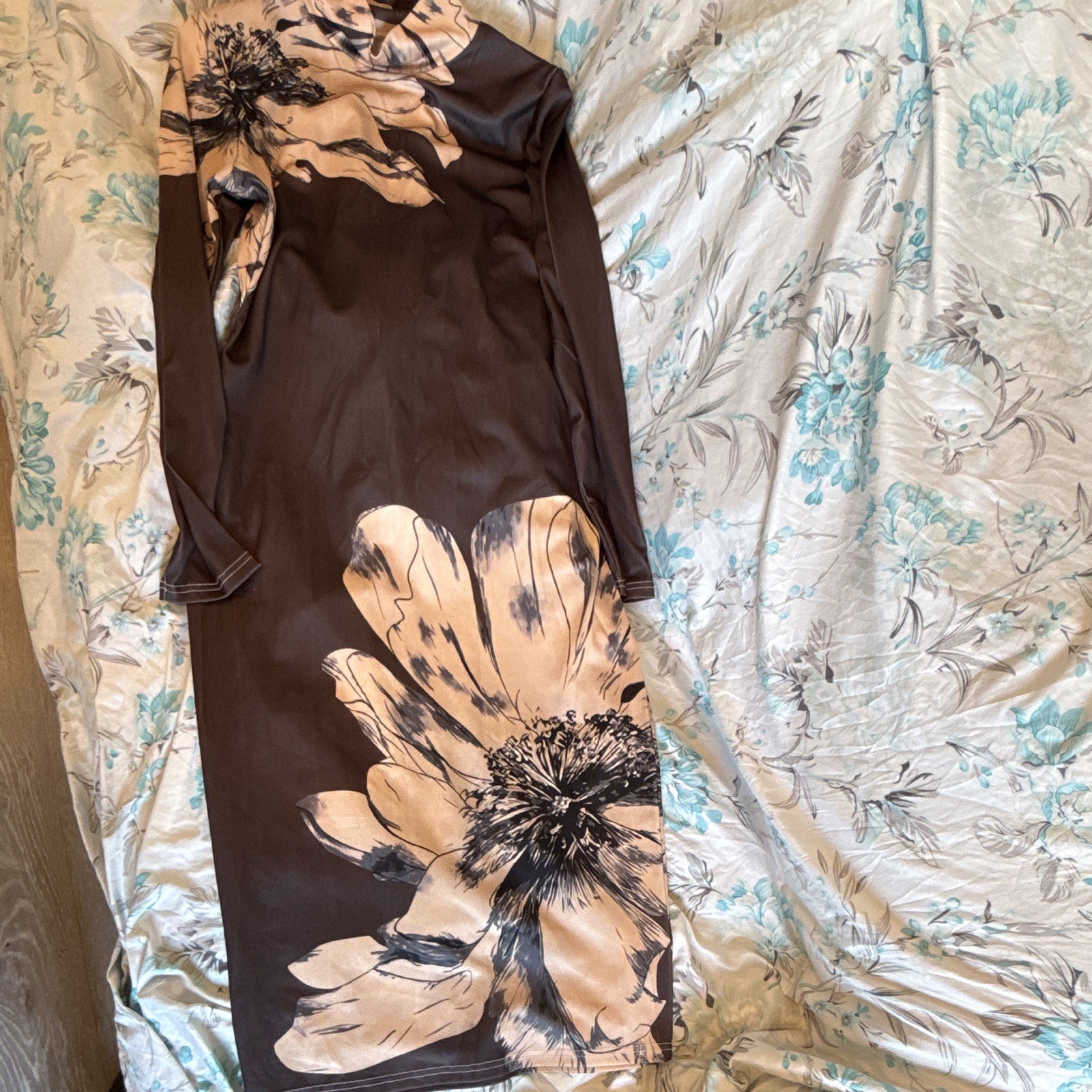 Women Brown Beige Floral Collared Long Sleeve Midi Sheath Dress Pullover L