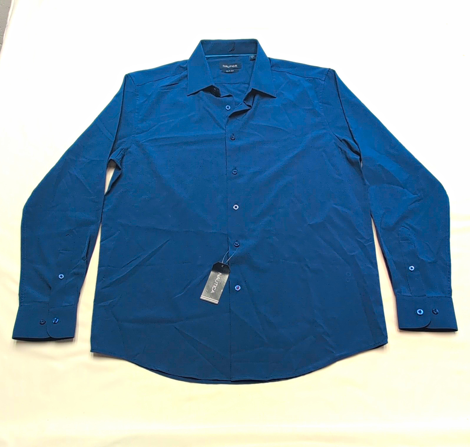 Nautica Slim Fit Solid Blue Dress Shirt L 16-16 1/2 34/35 Stretch