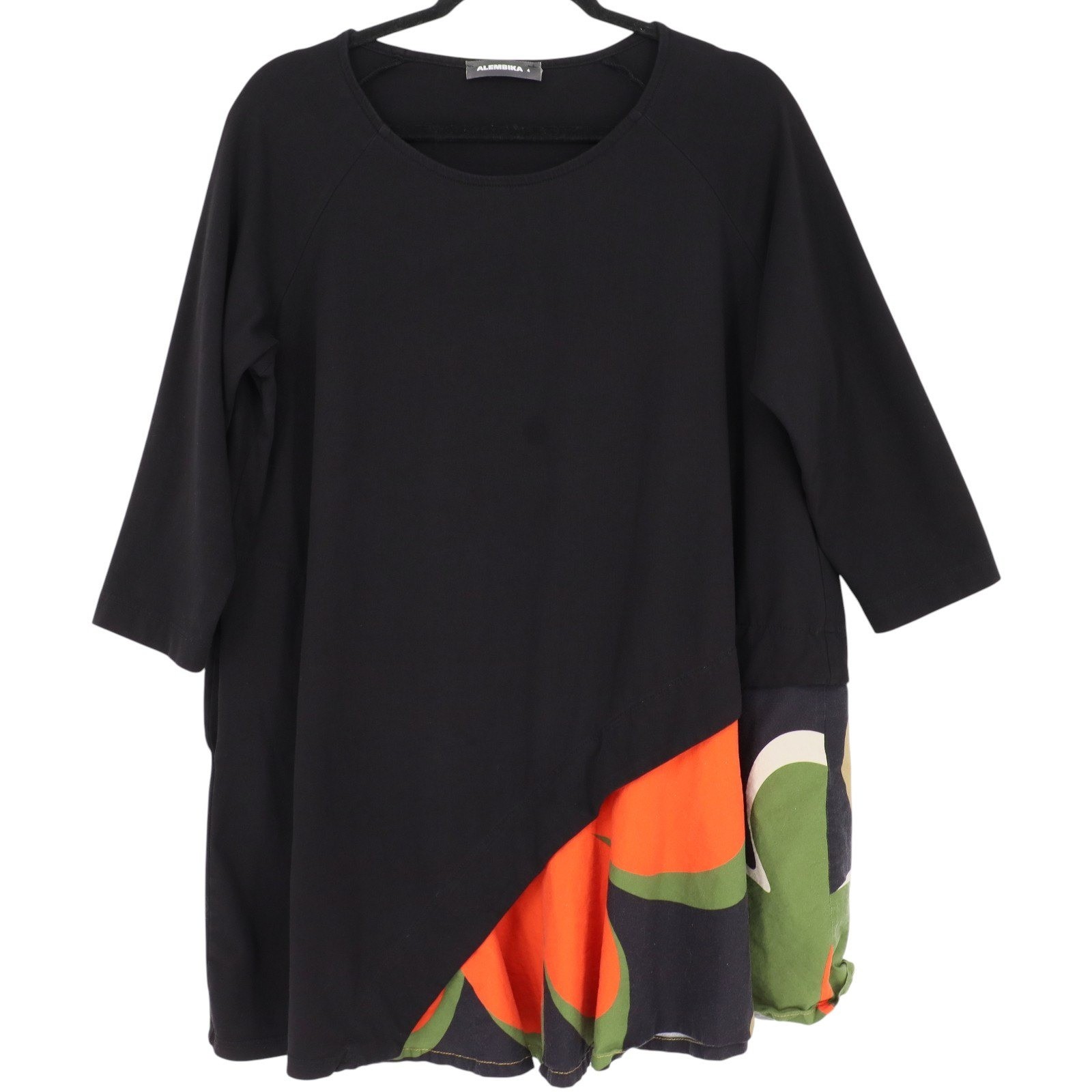 Alembika Black 3/4 Sleeve Asymmetrical Tunic Top Size 4 Black Abstract Lagenlook
