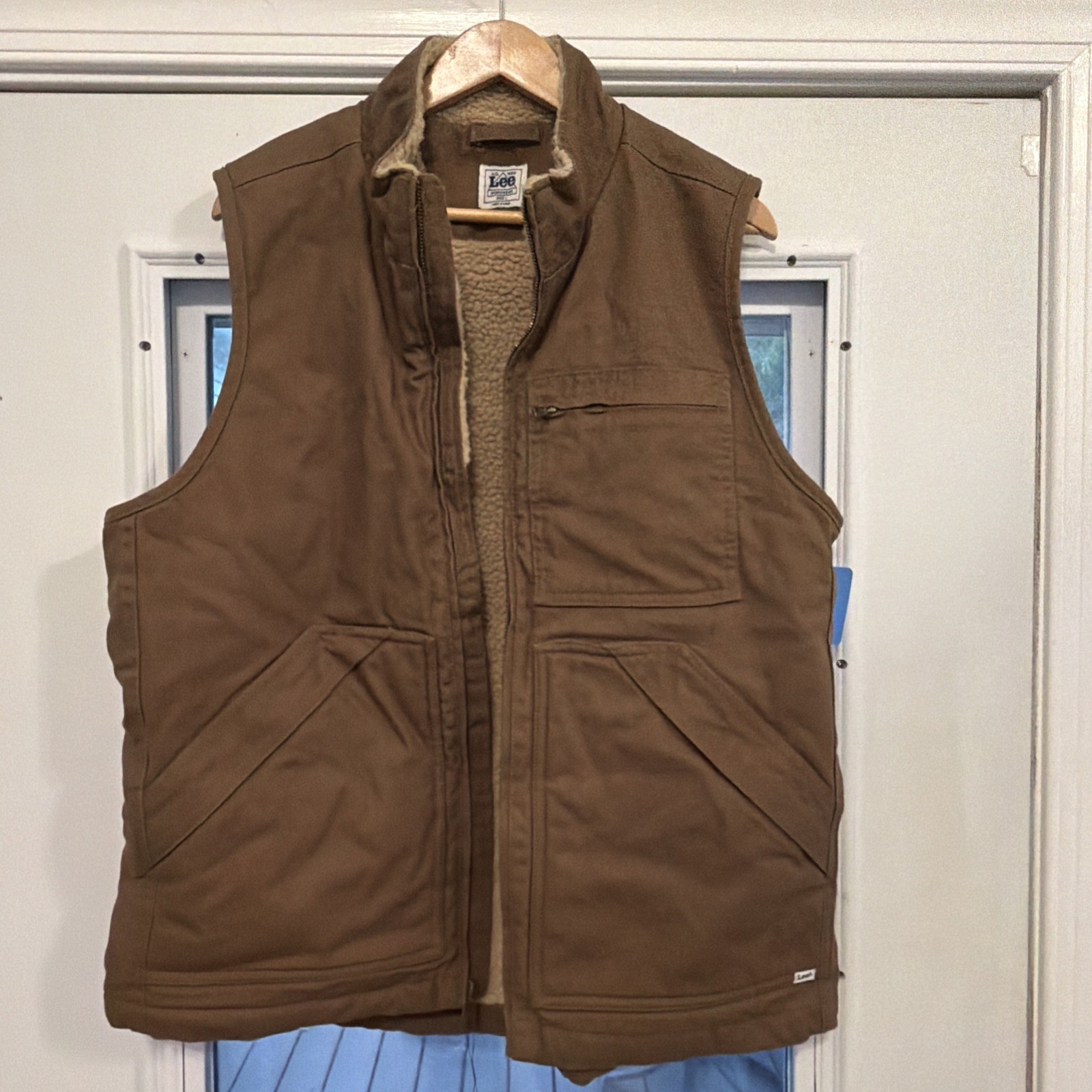 Lee Vest Mens L Brown Quilted Sherpa Lined Duck Canvas Workwear Zip Pockets